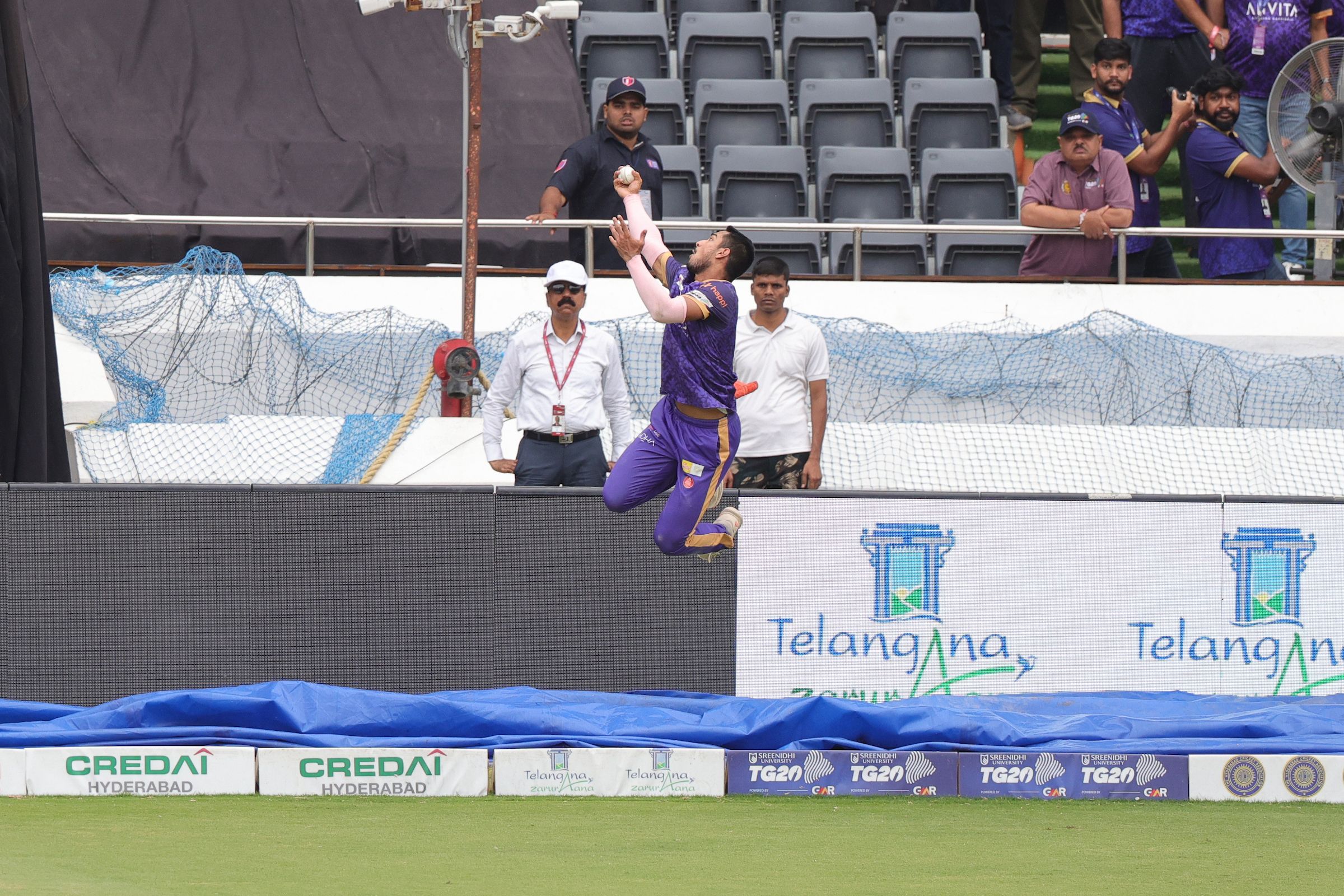 Mickil Jaiswal of Anvita Khammam Aces takes the catch to dismiss Nitin Sai Yadav of Ranga Reddy Risers during the Match 23 of the Sreenidhi University TG20 between Anvita Khammam Aces and Ranga Reddy Risers