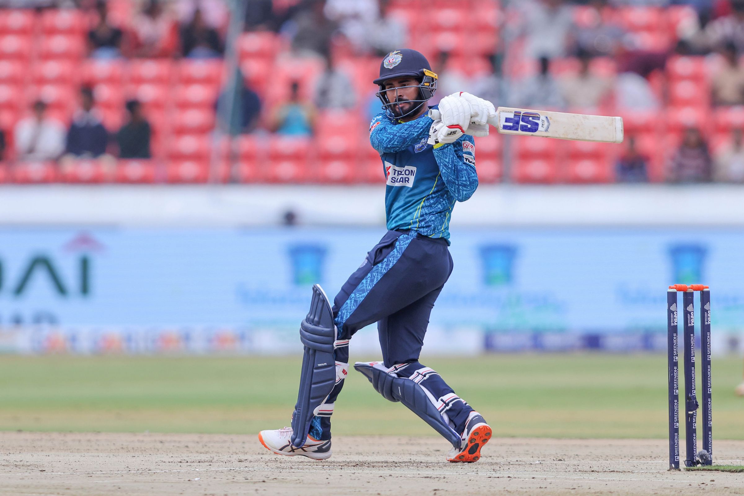 Abhirath Reddy Mandadi, Captain Hyderabad E-Champions plays a shot during the Match 12 of the Sreenidhi University TG20 between Medak Falcons and Hyderabad E-Champions at Rajiv Gandhi International Stadium