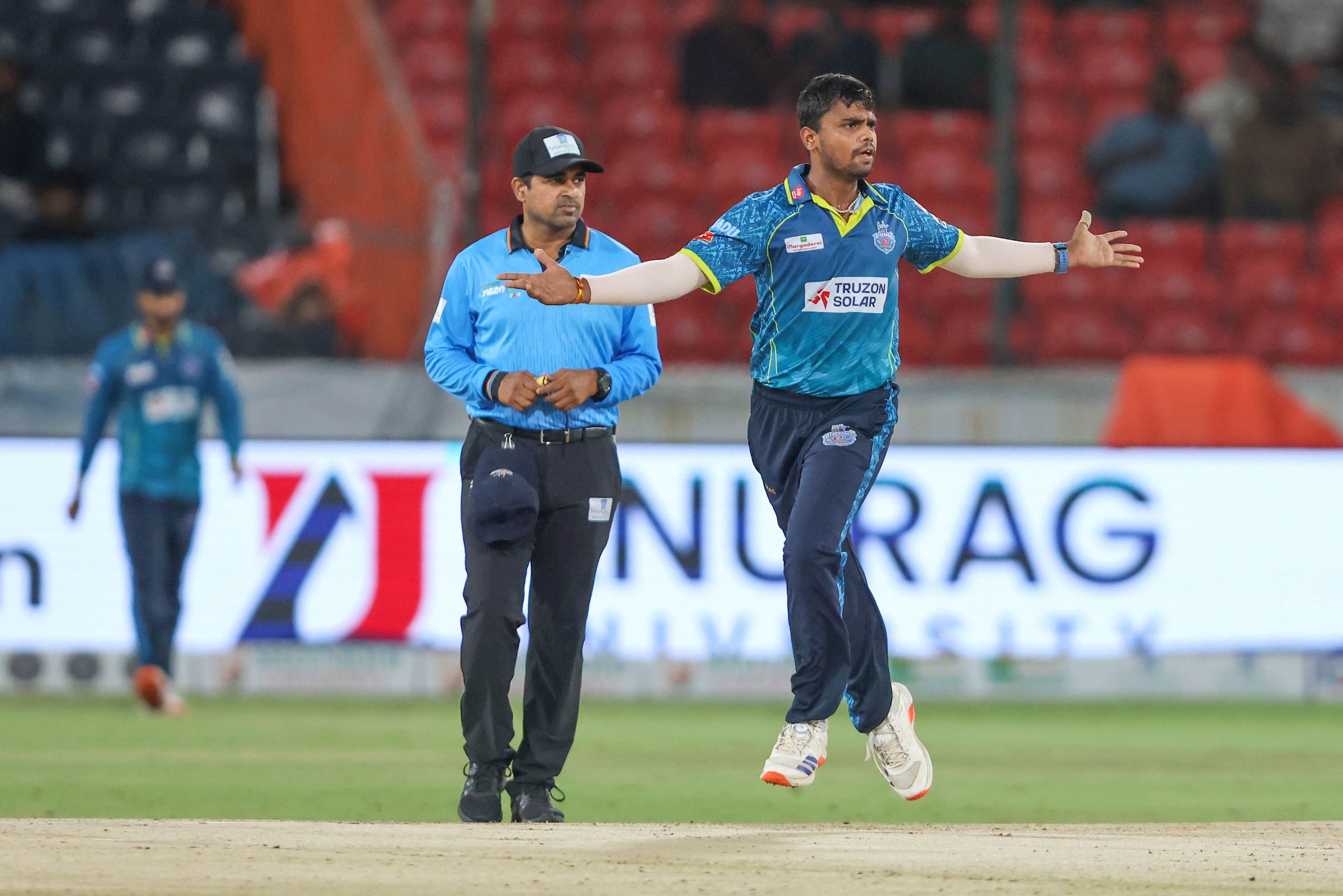 Shanmukha Ashwin of Hyderabad E-Champions celebrates the wicket of Patkuri Nitish Reddy of Anurag Nalgonda Knights during the Match 26 of the Sreenidhi University TG20