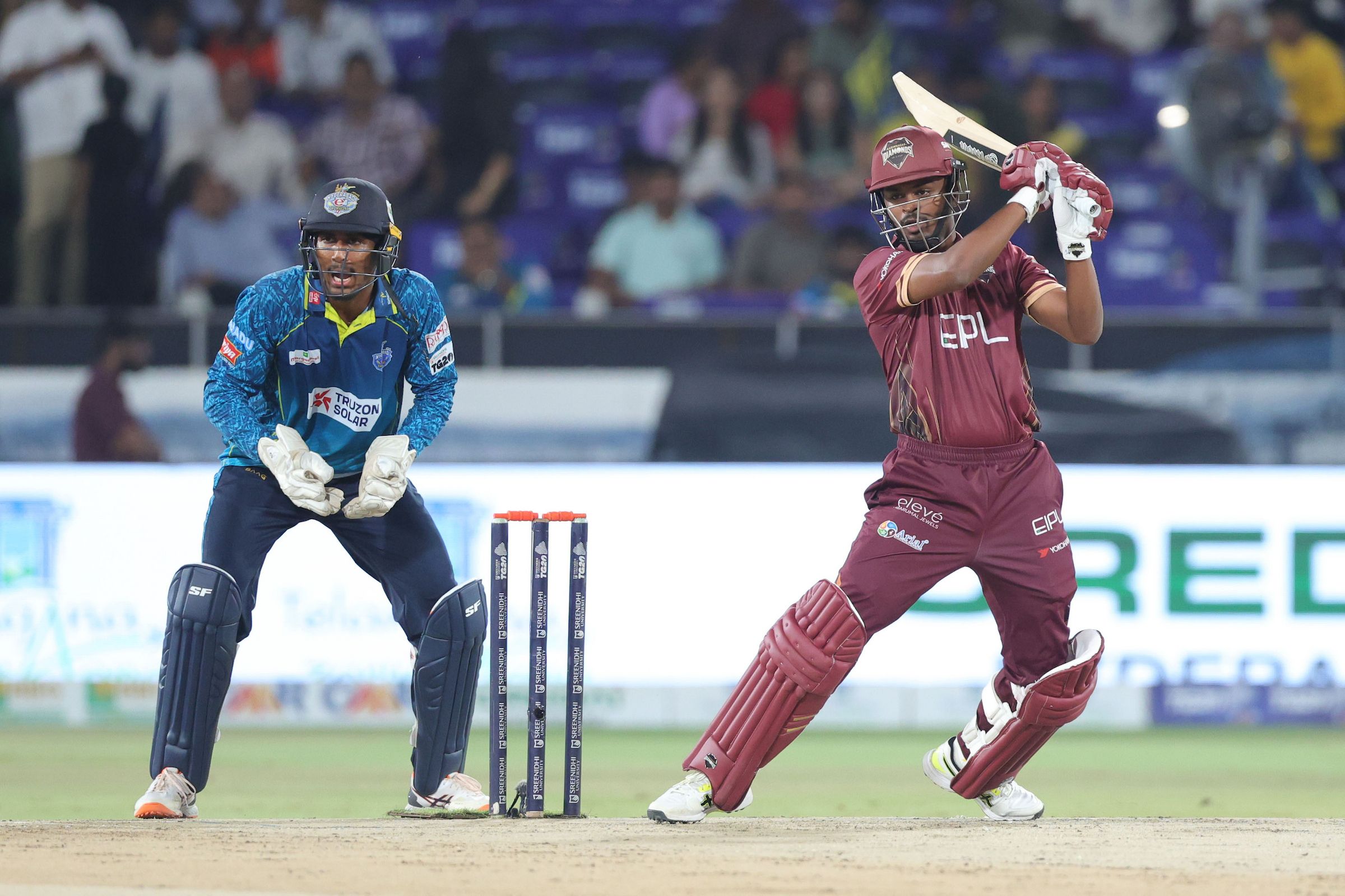 Hrishikesh Simha of EIPL and Eleve Karimnagar Diamonds plays a shot during the Qualifier 2 of the Sreenidhi University TG20 between Hyderabad E-Champions and EIPL and Eleve Karimnagar Diamonds