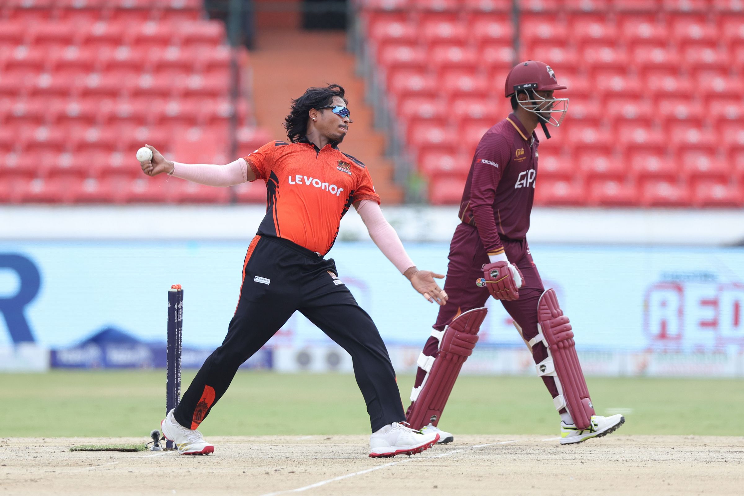 Adi Mani Kiran of Warangal Warriors bowls during the Match 14 of the Sreenidhi University TG20 between Warangal Warriors and EIPL and Eleve Karimnagar Diamonds at Rajiv Gandhi International Stadium