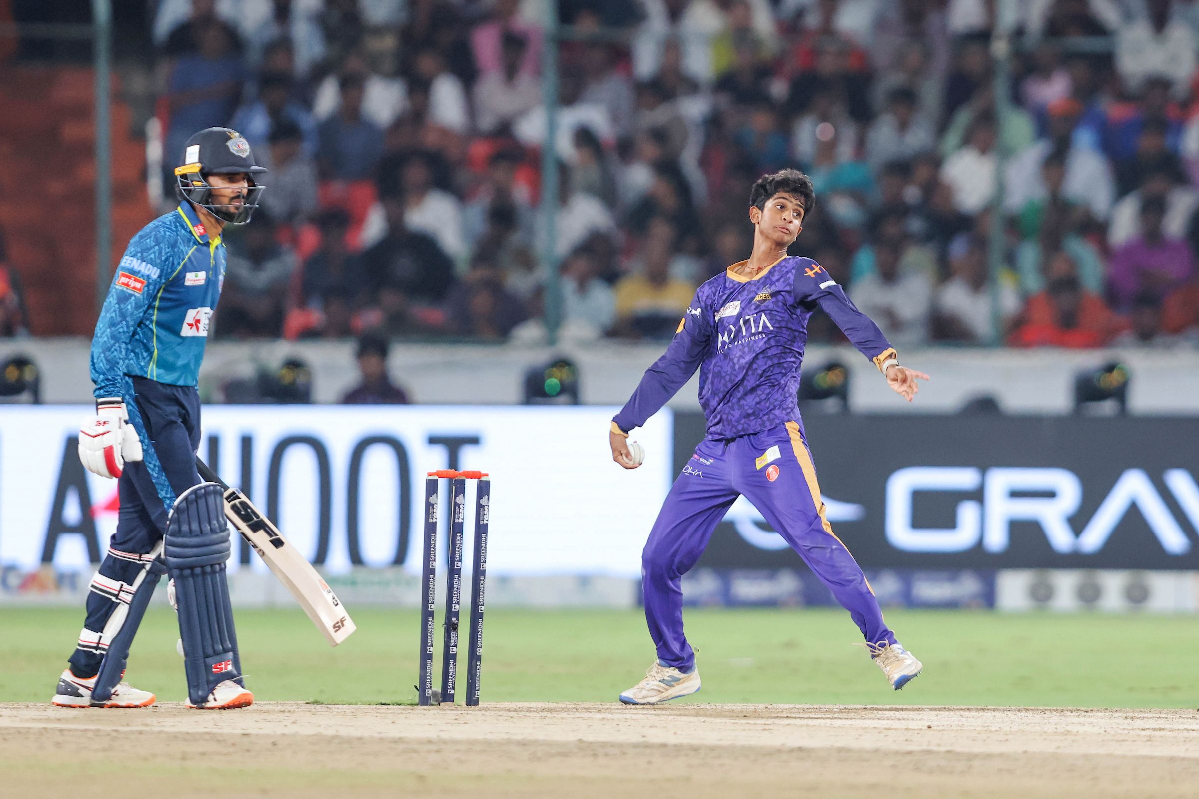 Ved Reddy of Anvita Khammam Aces bowls during the Final of the Sreenidhi University TG20 between Anvita Khammam Aces and Hyderabad E-Champions at the Rajiv Gandhi International Stadium