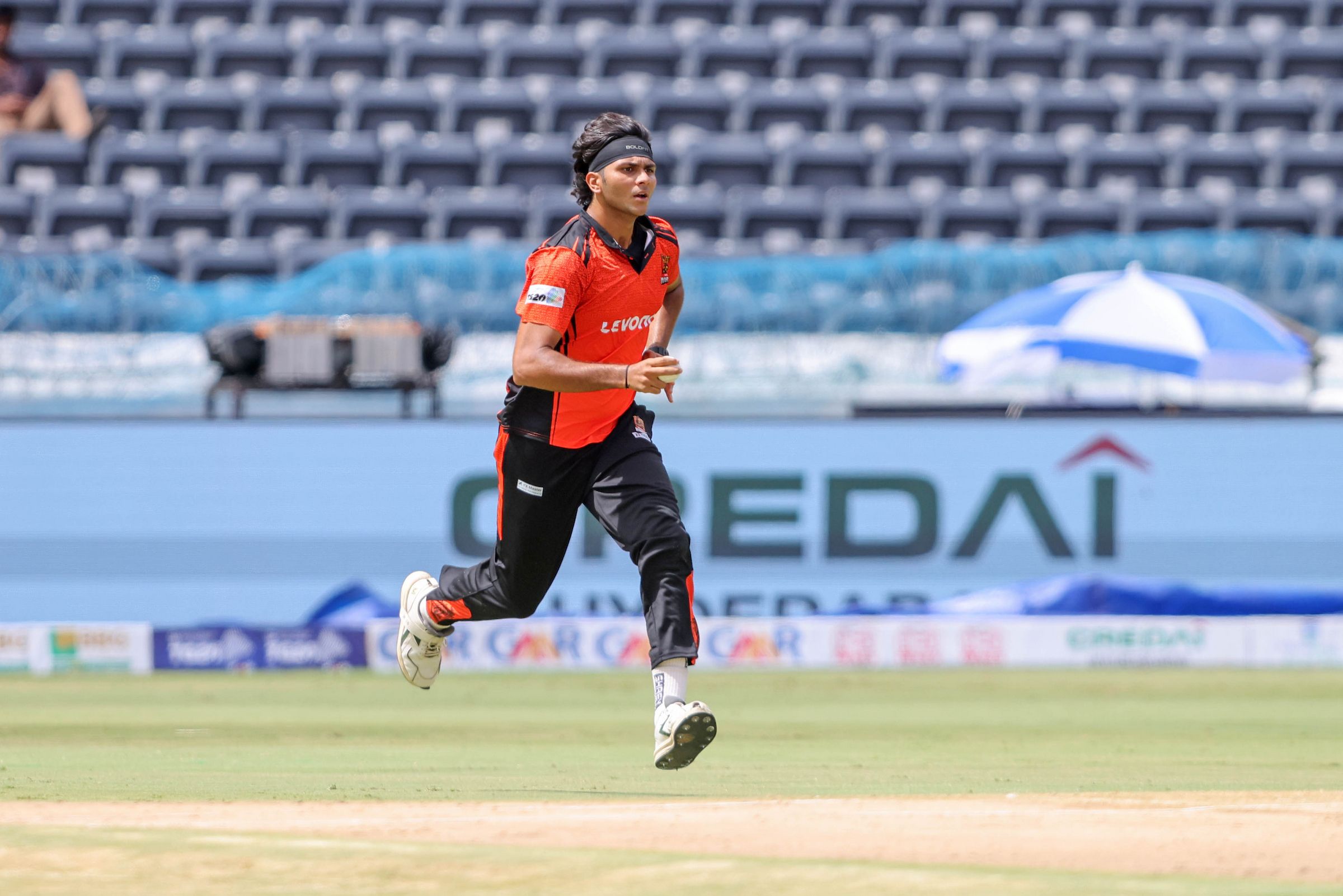 Mohammed Abdul Malik of Warangal Warriors bowls during the Match 6 of the Sreenidhi University TG20 between Anvita Khammam Aces and Warangal Warriors at Rajiv Gandhi International Stadium