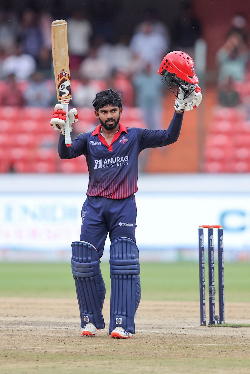 Gaurav Reddy of Anurag Nalgonda Knights raises his bat after scoring a hundred 