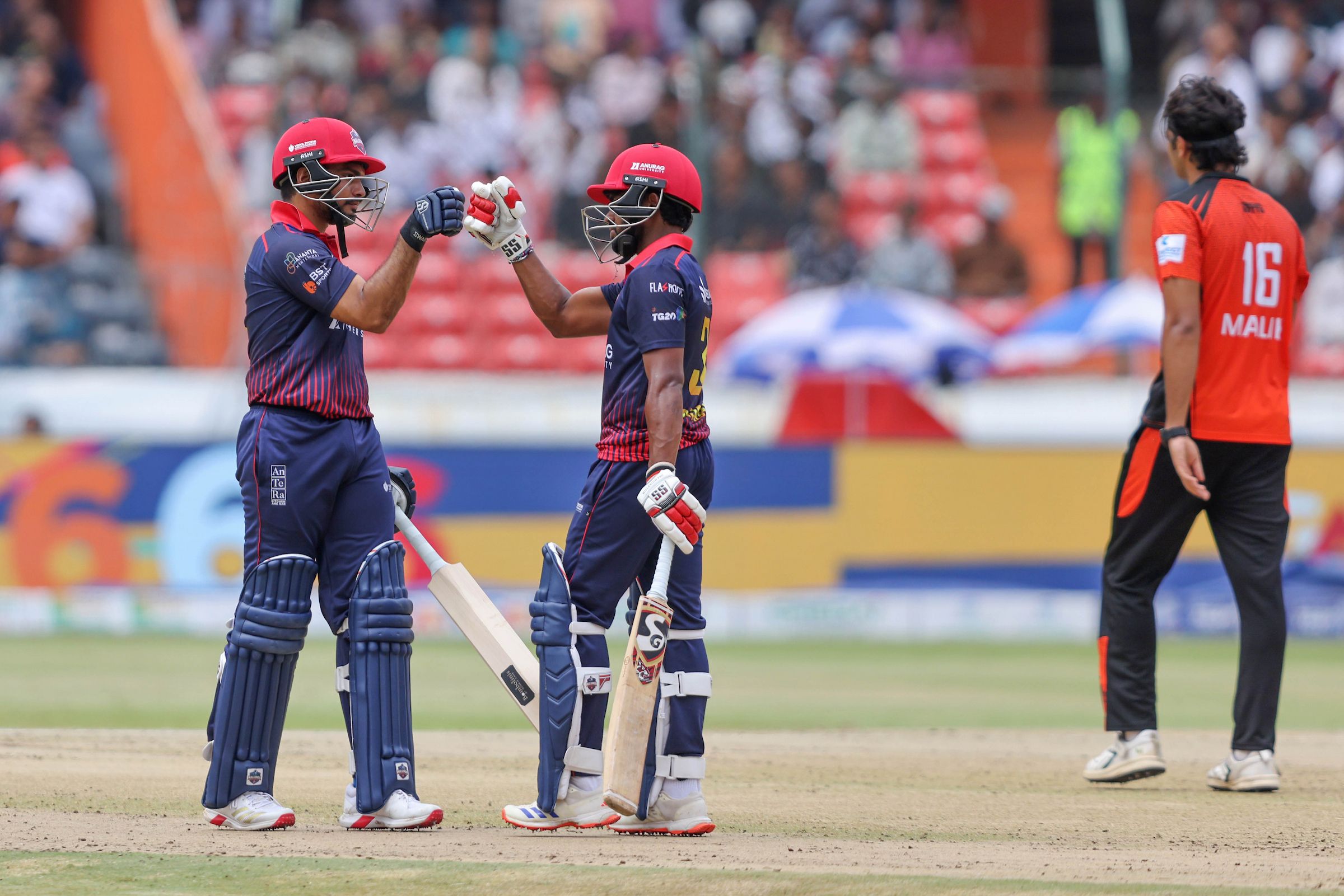 Patkuri Nitish Reddy and Gaurav Reddy of Anurag Nalgonda Knights during the Match 10 of the Sreenidhi University TG20 between Anurag Nalgonda Knights and Warangal Warriors