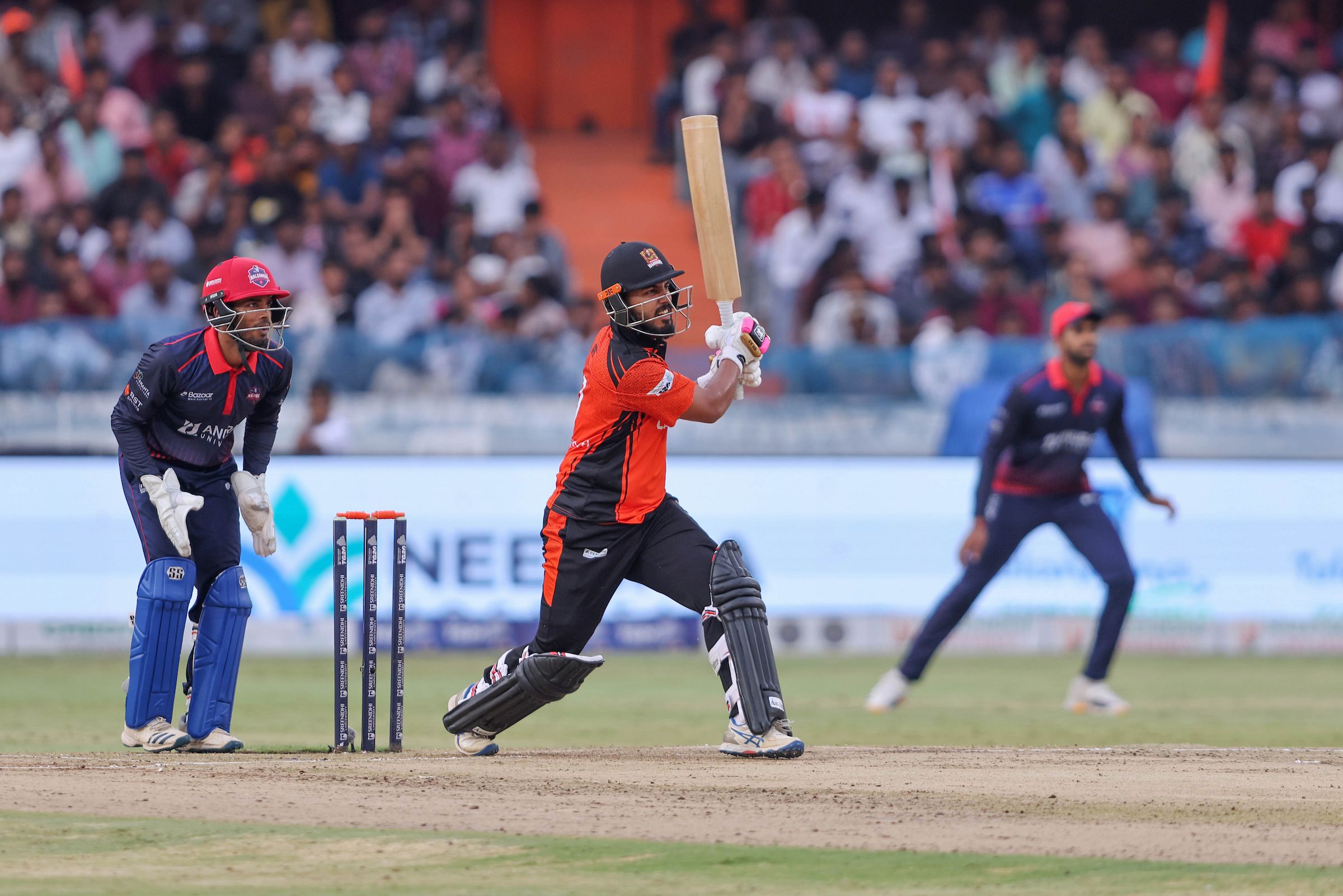 Bhavesh Seth of Warangal Warriors plays a shot during the Match 10 of the Sreenidhi University TG20 between Anurag Nalgonda Knights and Warangal Warriors at Rajiv Gandhi International Stadium