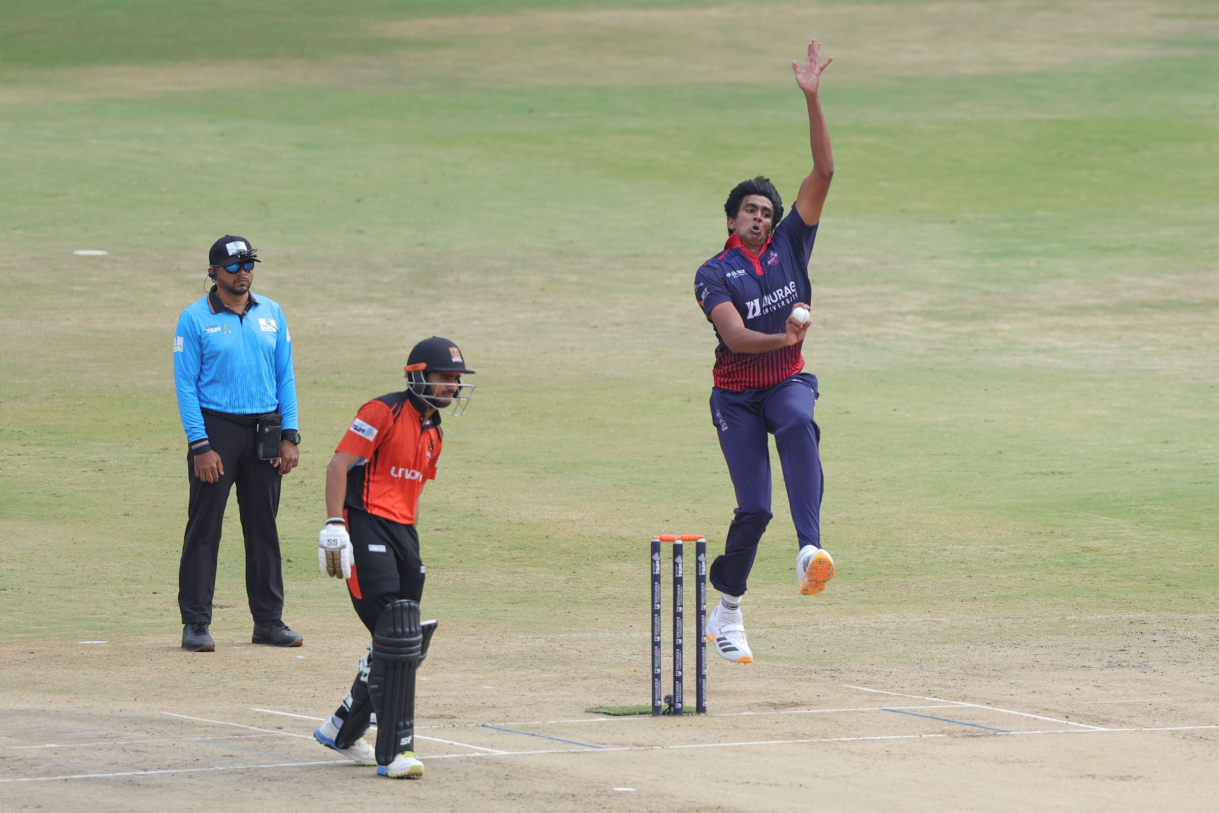 Nishanth Saranu of Anurag Nalgonda Knights bowls during the Match 10 of the Sreenidhi University TG20 between Anurag Nalgonda Knights and Warangal Warriors at Rajiv Gandhi International Stadium