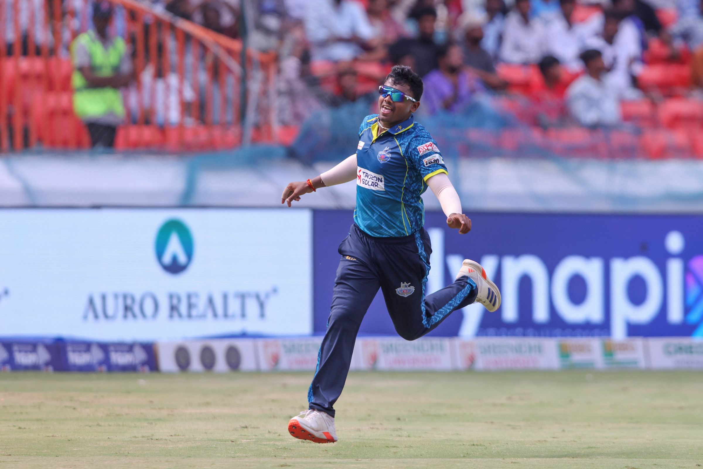 Shanmukha Ashwin of Hyderabad E-Champions celebrates the wicket of Aditya Javvaji of Ranga Reddy Risers