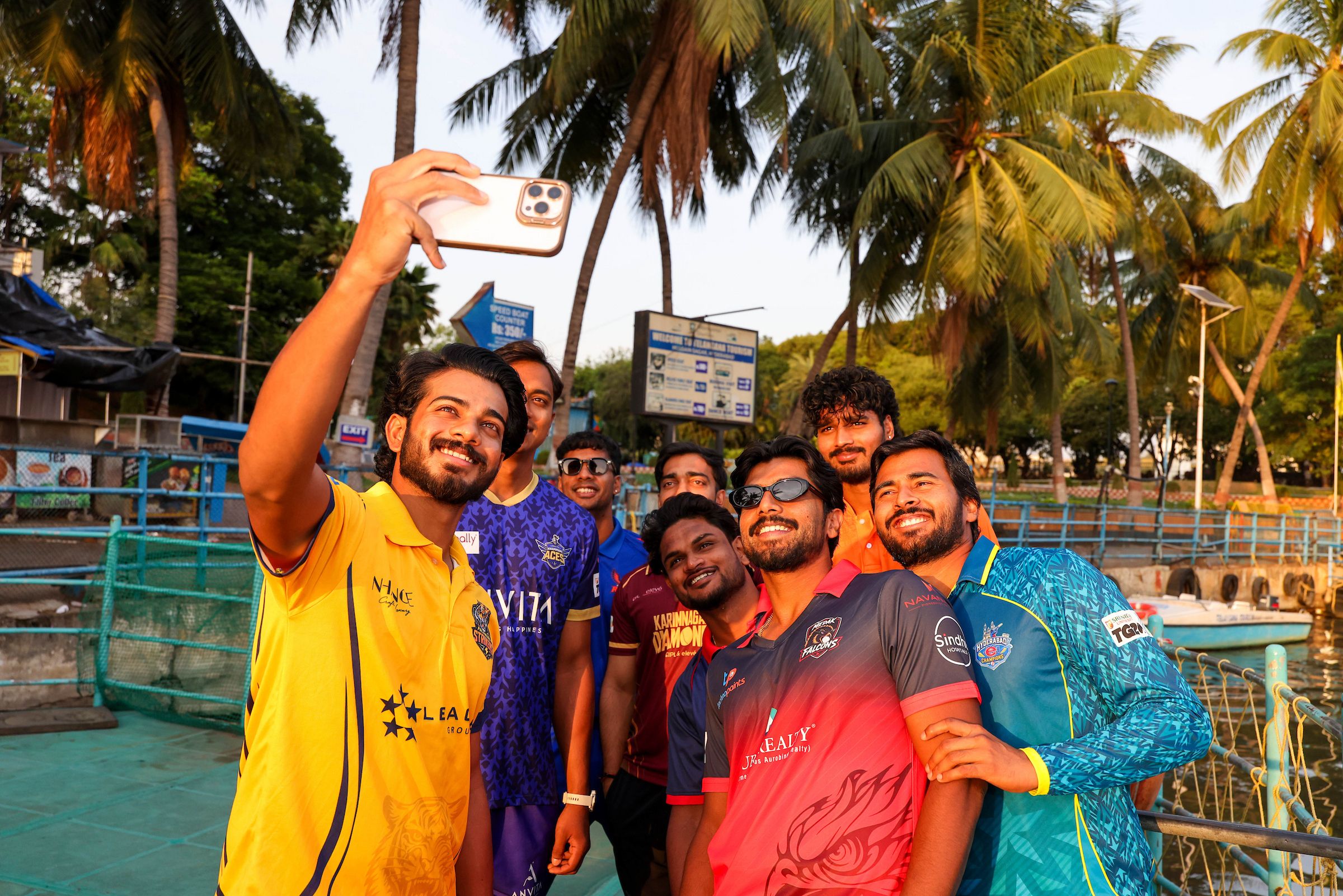 Pragnay Reddy, Captain of Palamuru Strikers along with other team captains during the unveiling of the Sreenidhi University TG20 trophy during the Captains Photo Shoot in Hyderabad, India, on June 17, 2026.