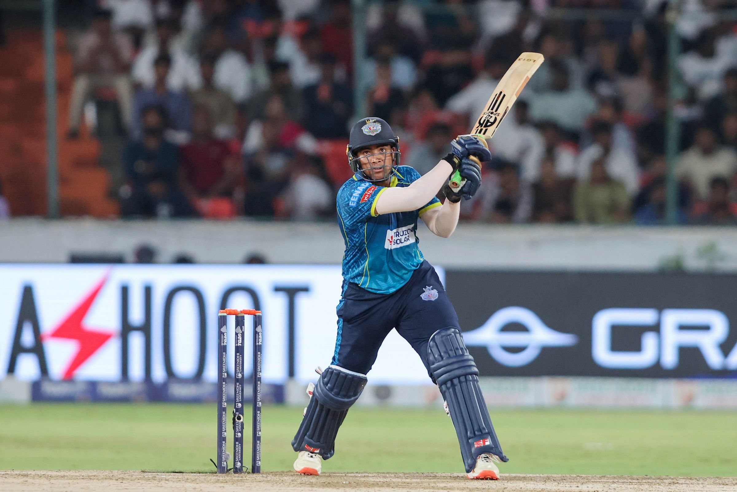 Ganesh Gadugu celebrates the wicket of Ved Reddy Amisthapuram of Anvita Khammam Aces during the Match 16 of the Sreenidhi University TG20 between Hyderabad E-Champions and Anvita Khammam Aces