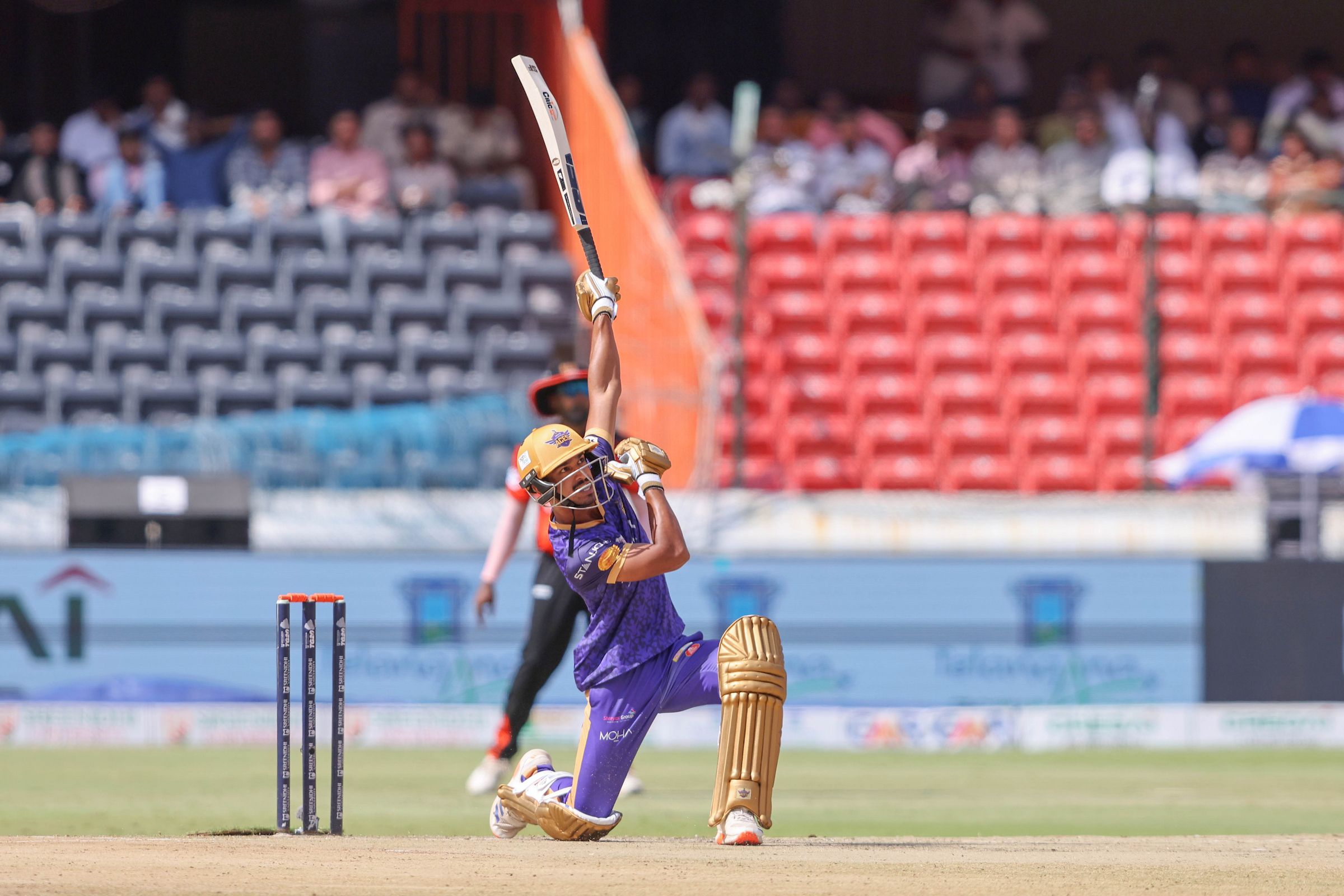 Mickil Jaiswal of Anvita Khammam Aces plays a shot during the Match 6 of the Sreenidhi University TG20 between Anvita Khammam Aces and Warangal Warriors at Rajiv Gandhi International Stadium