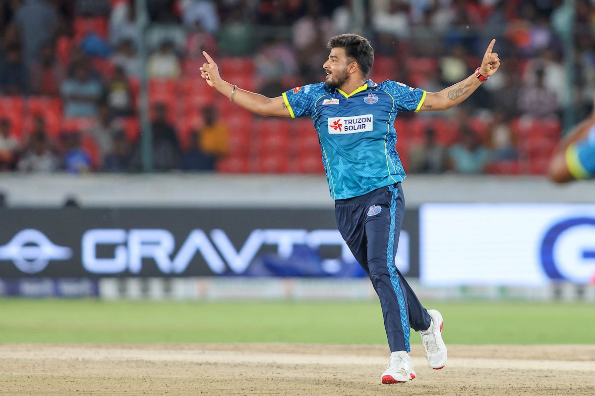 Akhil Rathod of Hyderabad E-Champions celebrates the wicket
