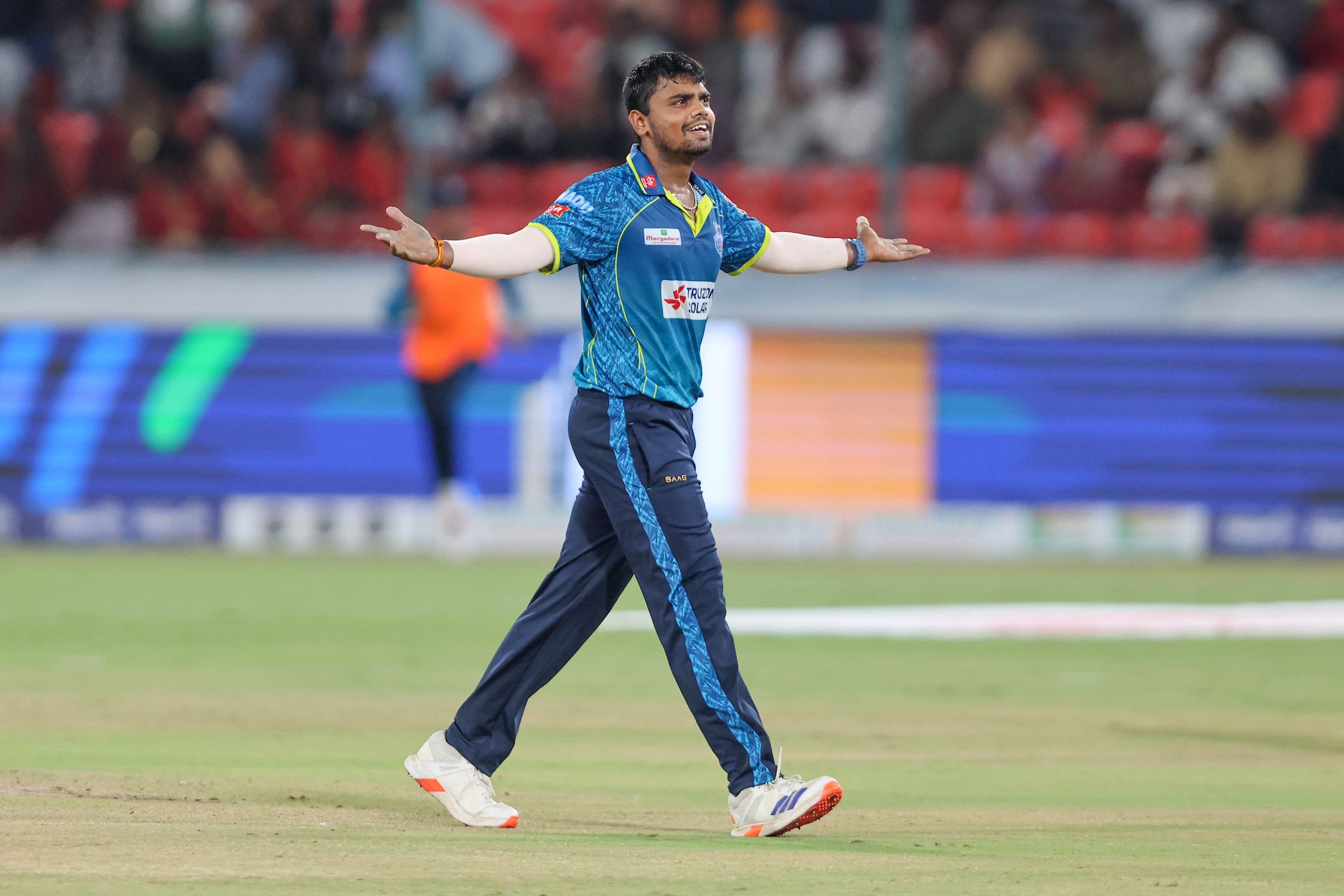 Shanmukha Ashwin of Hyderabad E-Champions celebrates the wicket of Tanmay Agarwal, Captain of EIPL and Eleve Karimnagar Diamonds during the Qualifier 2 of the Sreenidhi University TG20