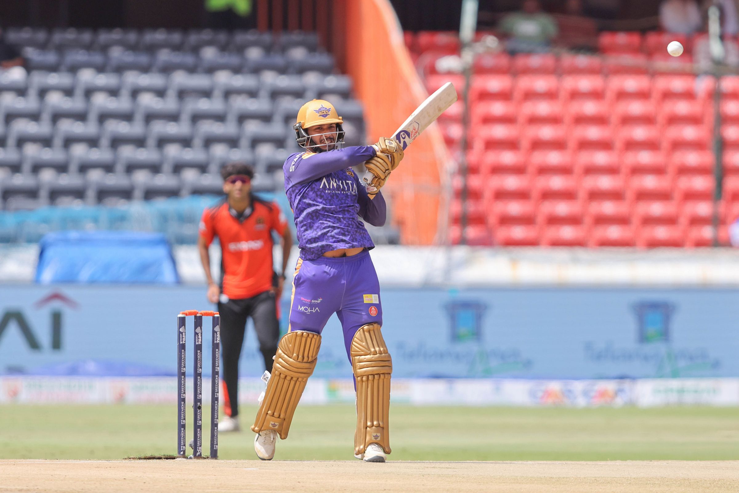 Mayank Gupta of Anvita Khammam Aces plays a shot during the Match 6 of the Sreenidhi University TG20 between Anvita Khammam Aces and Warangal Warriors at Rajiv Gandhi International Stadium