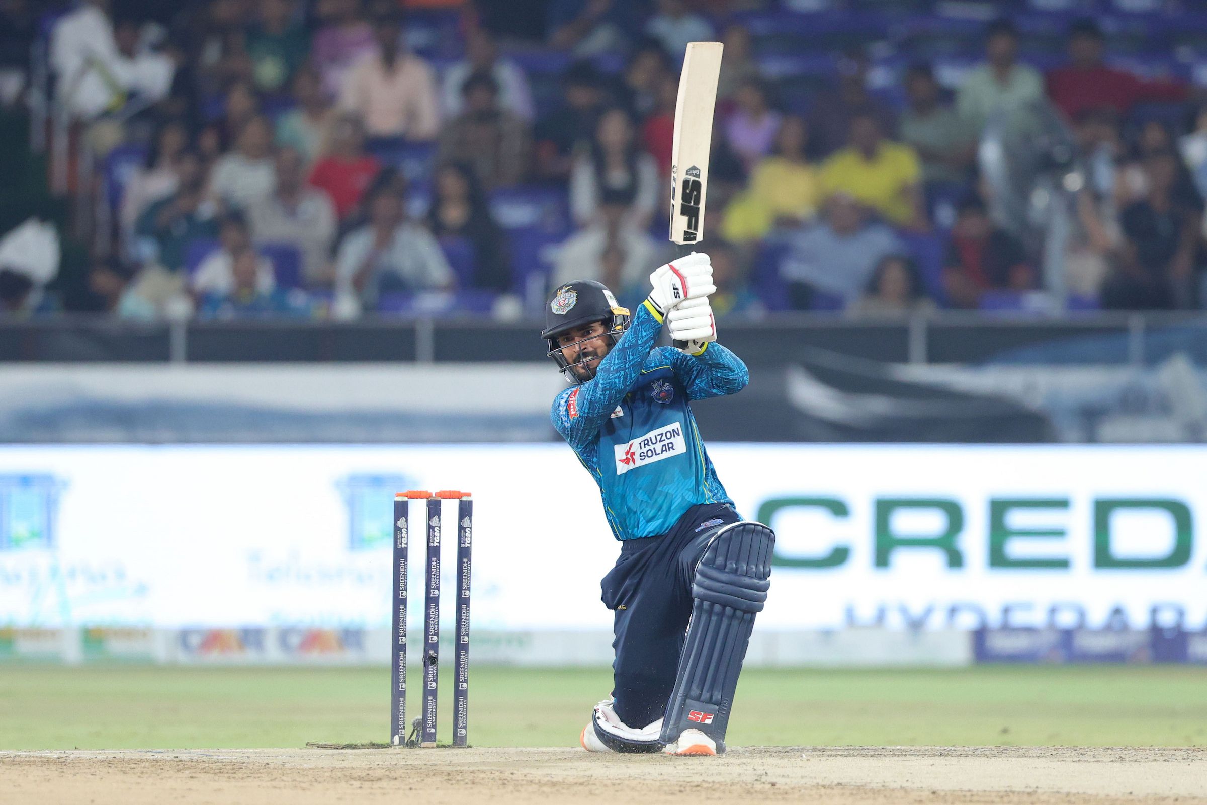 Abhirath Reddy, Captain Hyderabad E-Champions plays a shot during the Qualifier 2 of the Sreenidhi University TG20 between Hyderabad E-Champions and EIPL and Eleve Karimnagar Diamonds
