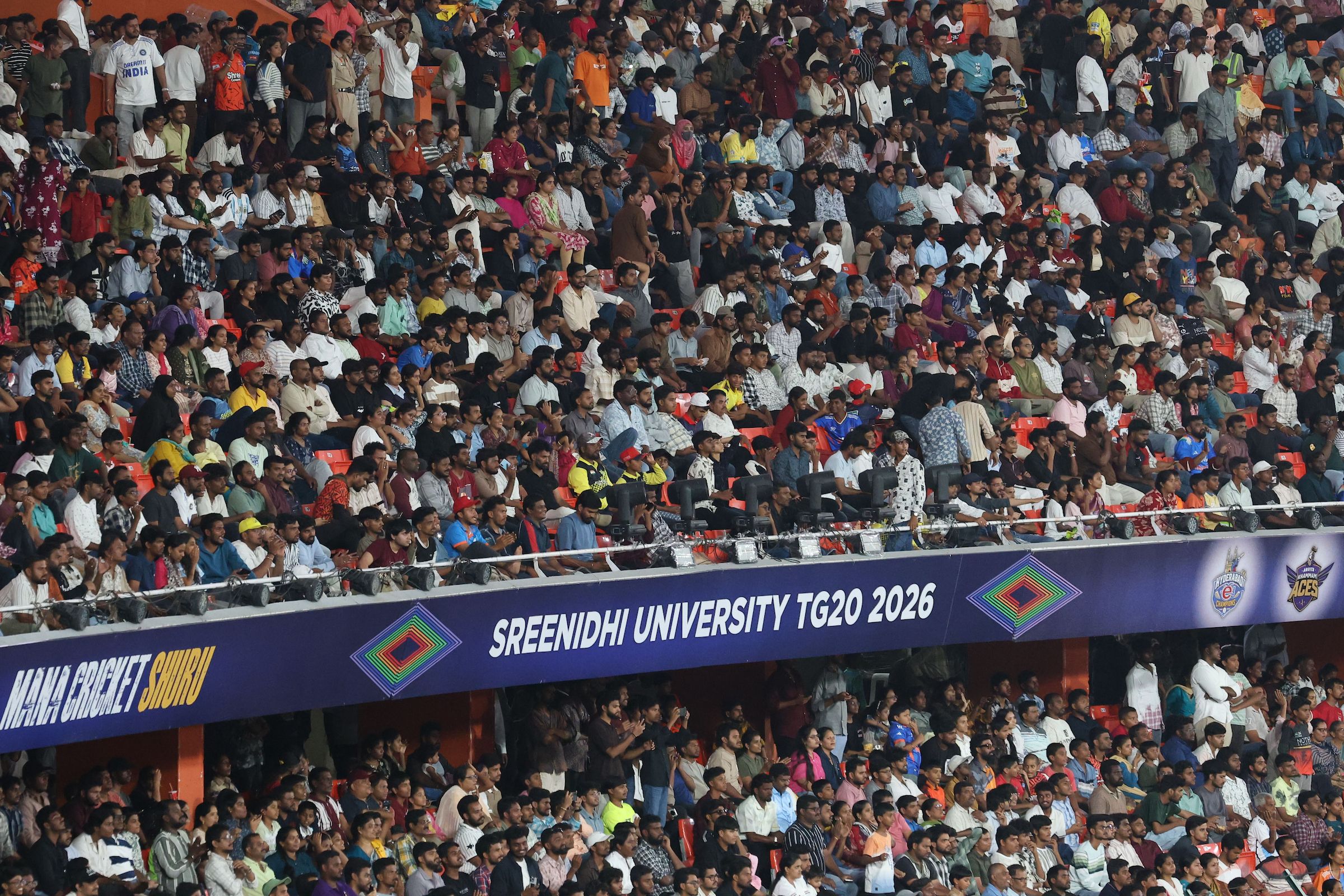 General view of the stadium during the Final of the Sreenidhi University TG20 between Anvita Khammam Aces and Hyderabad E-Champions at the Rajiv Gandhi International Stadium