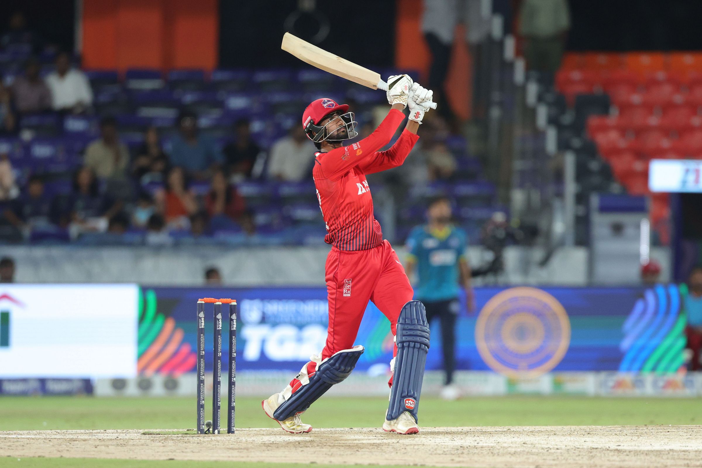 Varun Goud of Anurag Nalgonda Knights plays a shot during the Match 26 of the Sreenidhi University TG20 between Anurag Nalgonda Knights and Hyderabad E-Champions