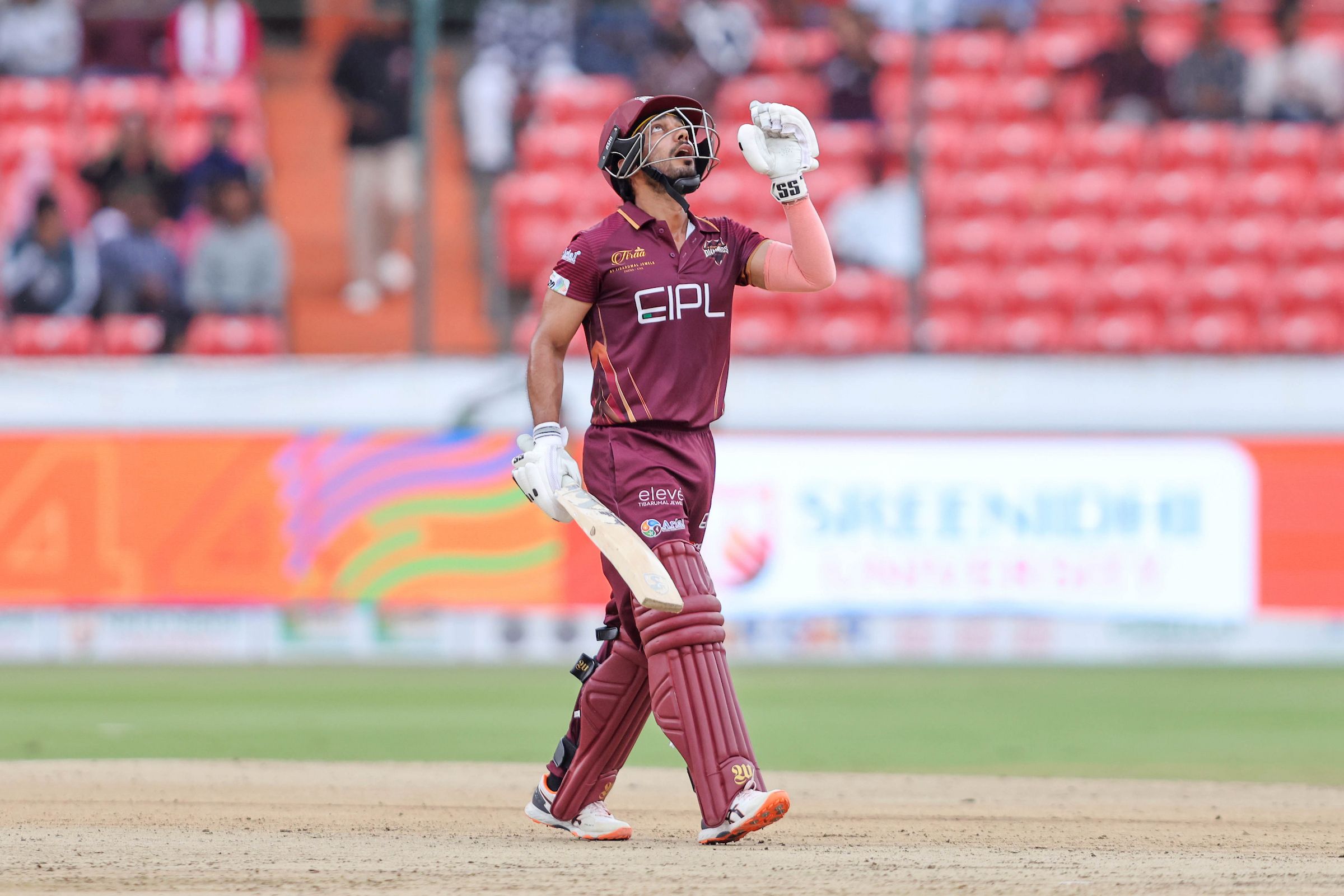 Tanmay Agarwal, Captain of EIPL and Eleve Karimnagar Diamonds celebrates after scoring a hundred during the Match 27 of the Sreenidhi University TG20
