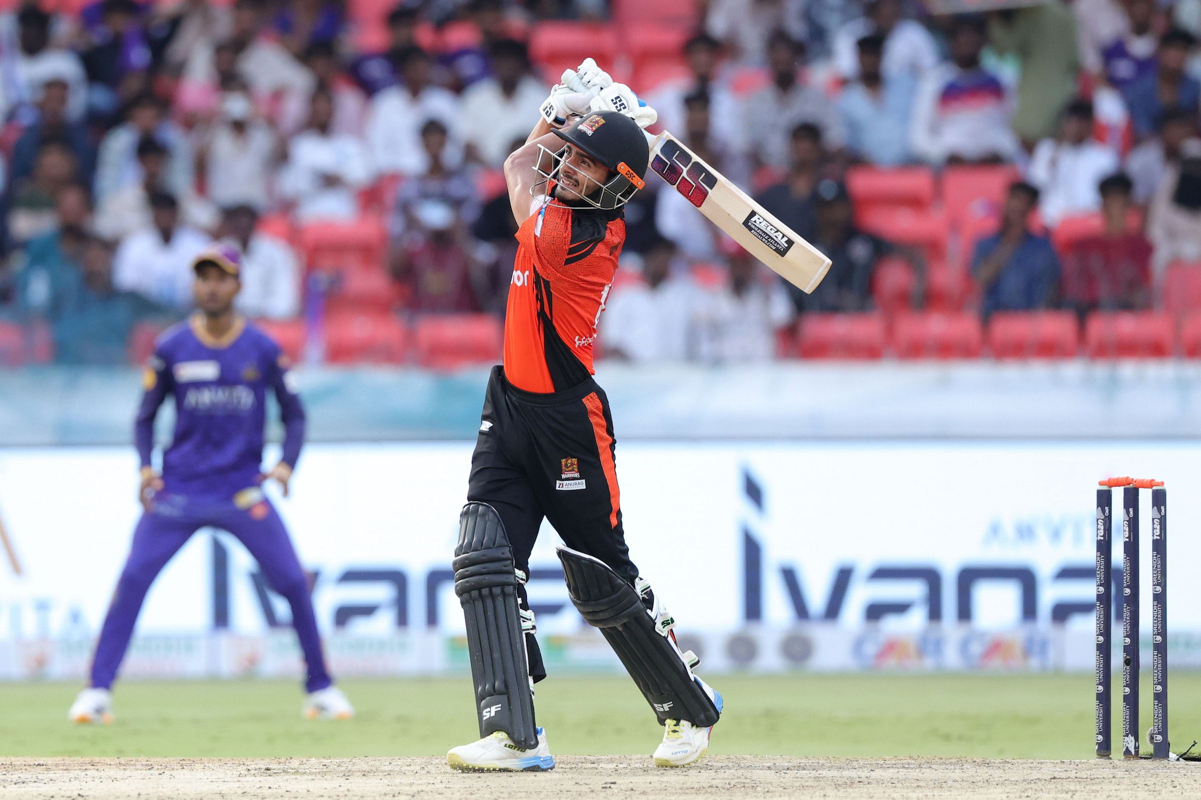 Harshit Choudhary of Warangal Warriors plays a shot during Match 6 of the Sreenidhi University TG20 between Anvita Khammam Aces and Warangal Warriors at Rajiv Gandhi International Stadium