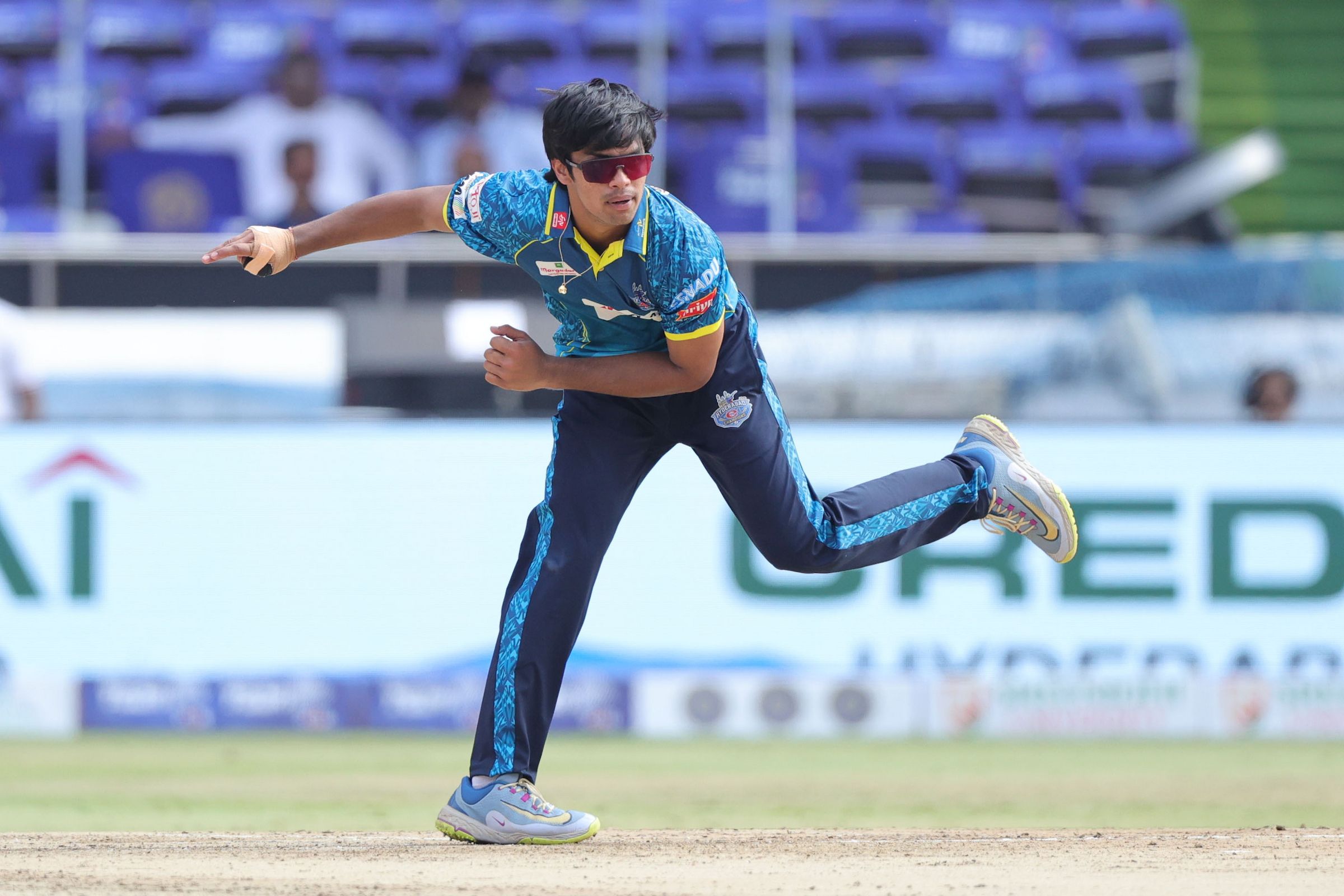 Pranav Varma of Hyderabad E-Champions bowls during the Match 8 of the Sreenidhi University TG20 between Hyderabad E-Champions and Ranga Reddy Risers at Rajiv Gandhi International Stadium