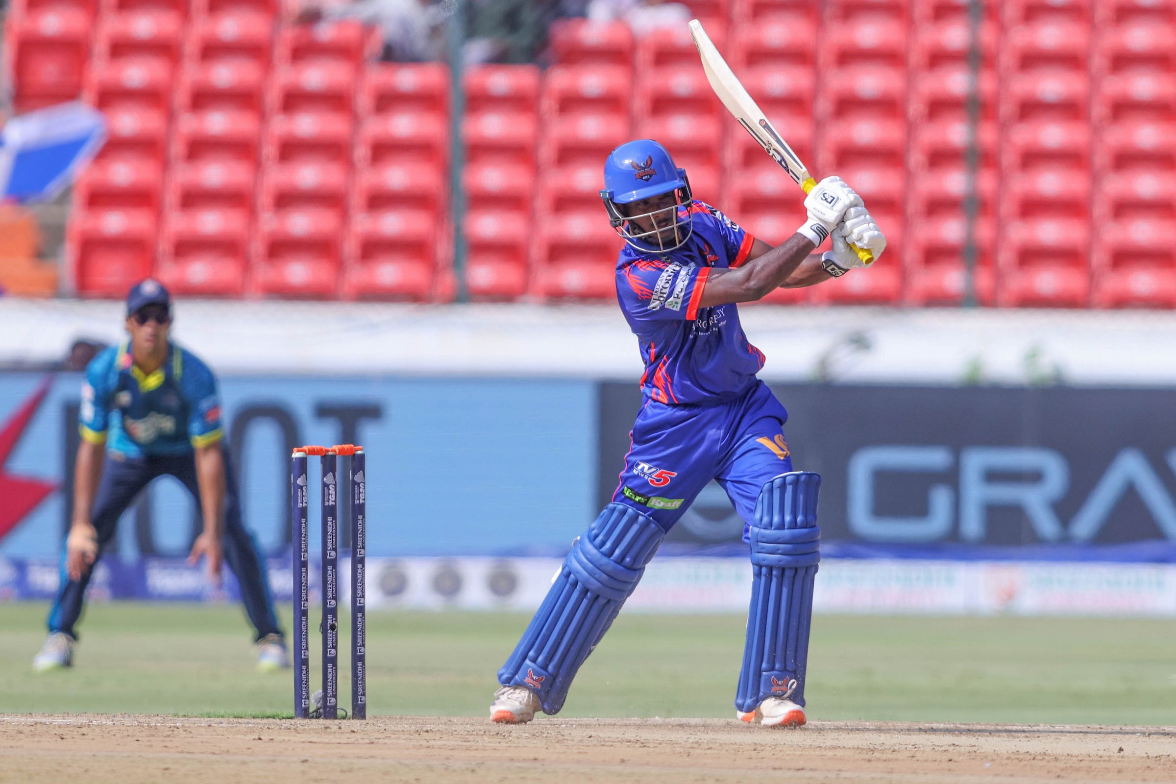 Aditya Javvaji of Ranga Reddy Risers plays a shot during the Match 8 of the Sreenidhi University TG20 between Hyderabad E-Champions and Ranga Reddy Risers at Rajiv Gandhi International Stadium
