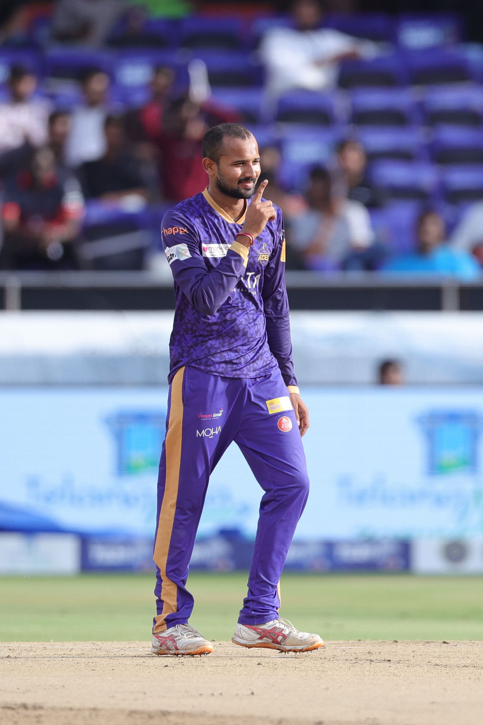 Vidyananda Reddy Ellala of Anvita Khammam Aces celebrates the wicket of Naman Agarwal of Medak Falcons during the Match 25 of the Sreenidhi University TG20 between Medak Falcons and Anvita Khammam Aces