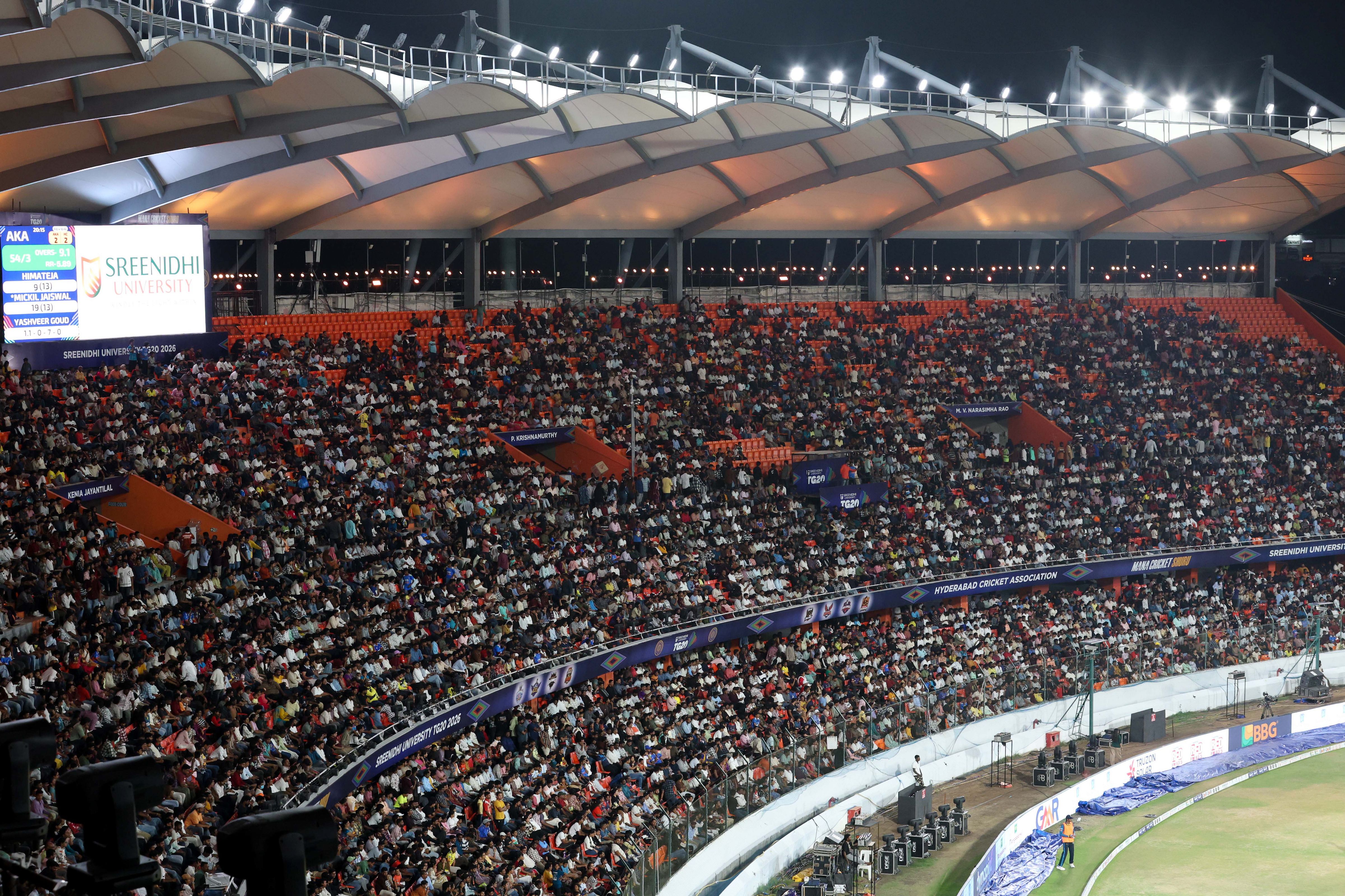 General view of the fans during the Final of the Sreenidhi University TG20 between Anvita Khammam Aces and Hyderabad E-Champions at the Rajiv Gandhi International Stadium