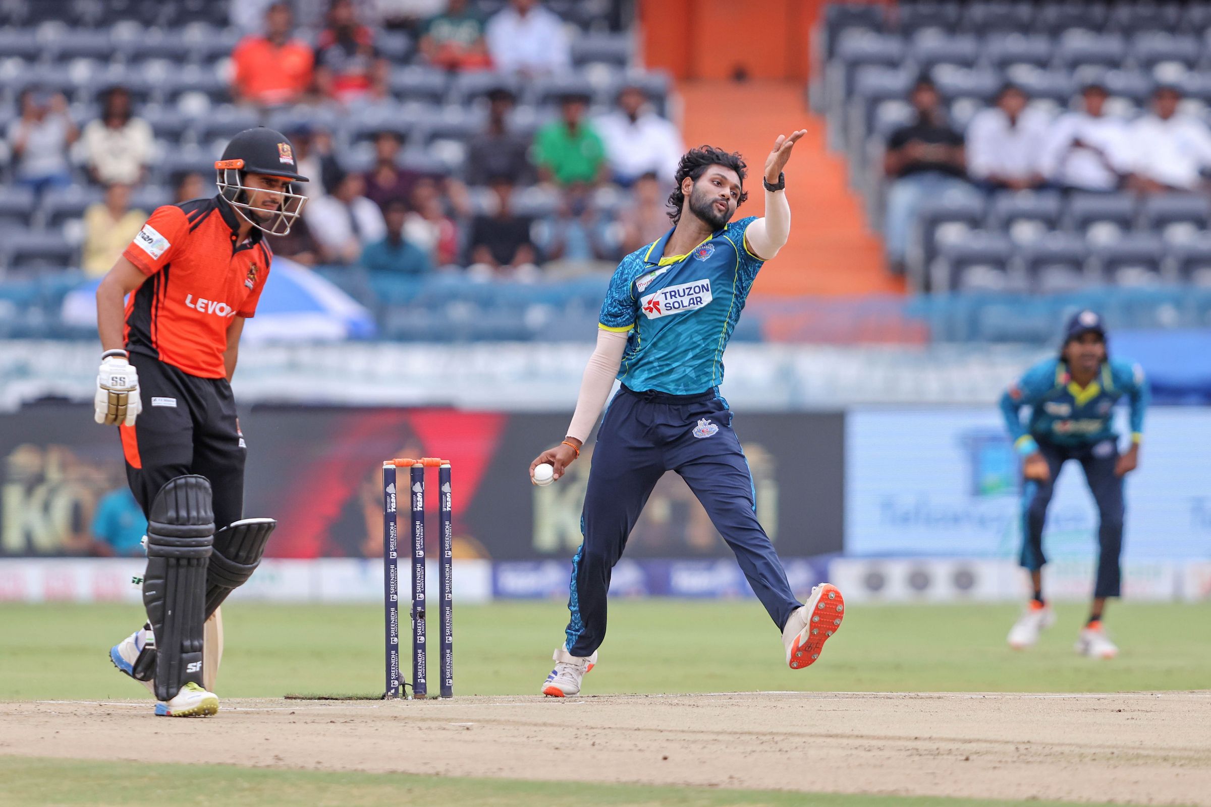 Ajay Dev Goud of Hyderabad E-Champions bowls during the Match 18 of the Sreenidhi University TG20 between Warangal Warriors and Hyderabad E-Champions at Rajiv Gandhi International Stadium