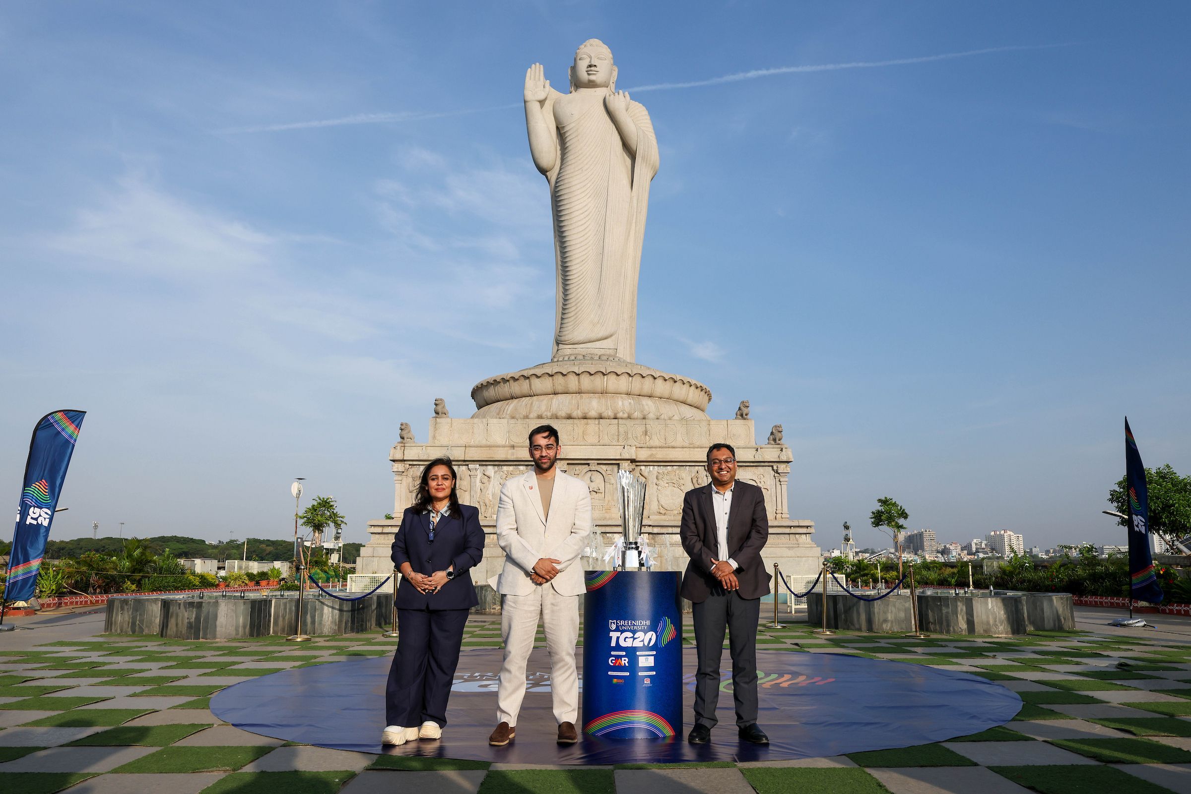 Officials pose with the Sreenidhi University TG20 trophy during the Captains Photo Shoot in Hyderabad, India, on June 17, 2026.