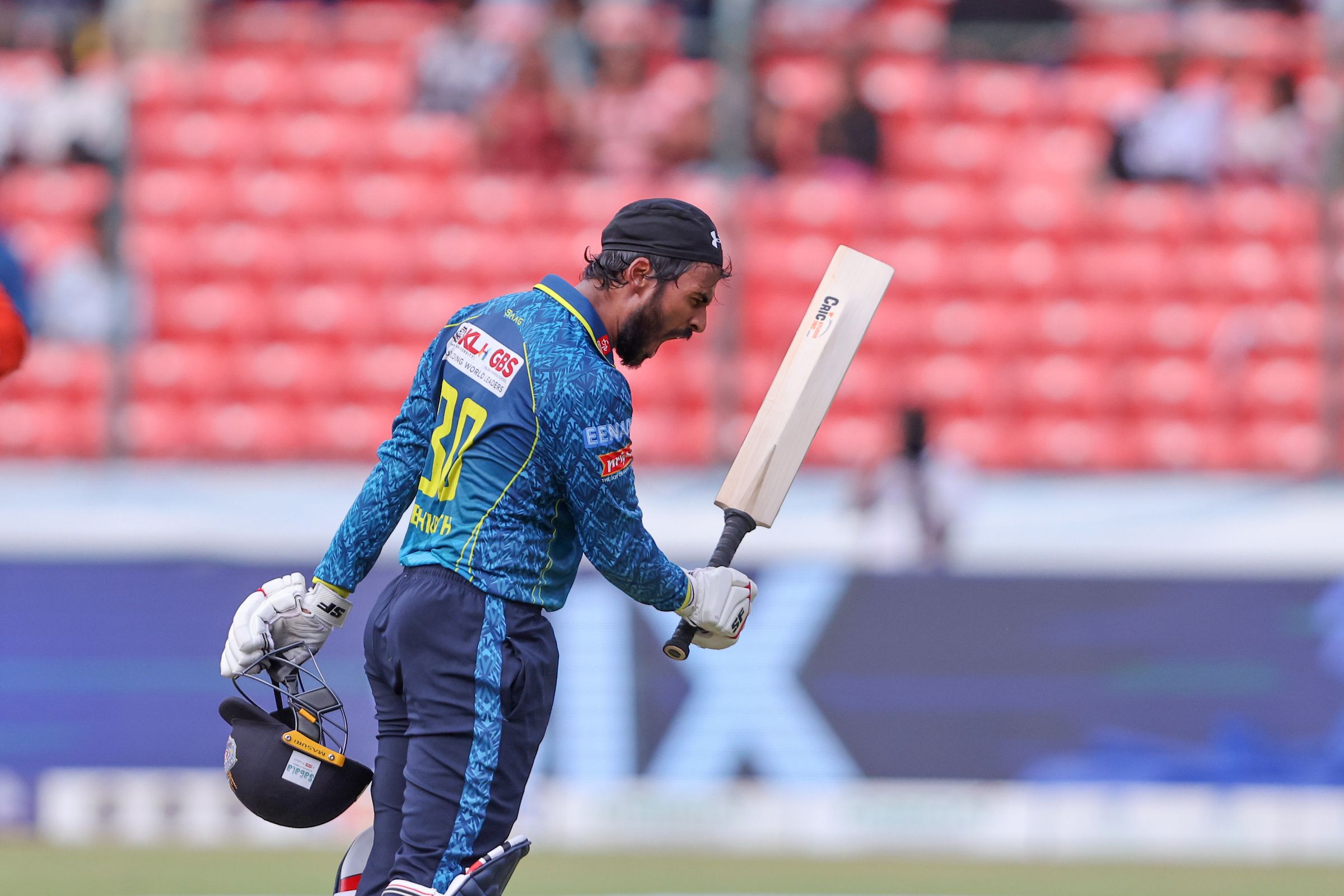 Abhirath Reddy Mandadi, Captain Hyderabad E-Champions celebrates after scoring a hundred during the Match 18 of the Sreenidhi University TG20 between Warangal Warriors and Hyderabad E-Champions