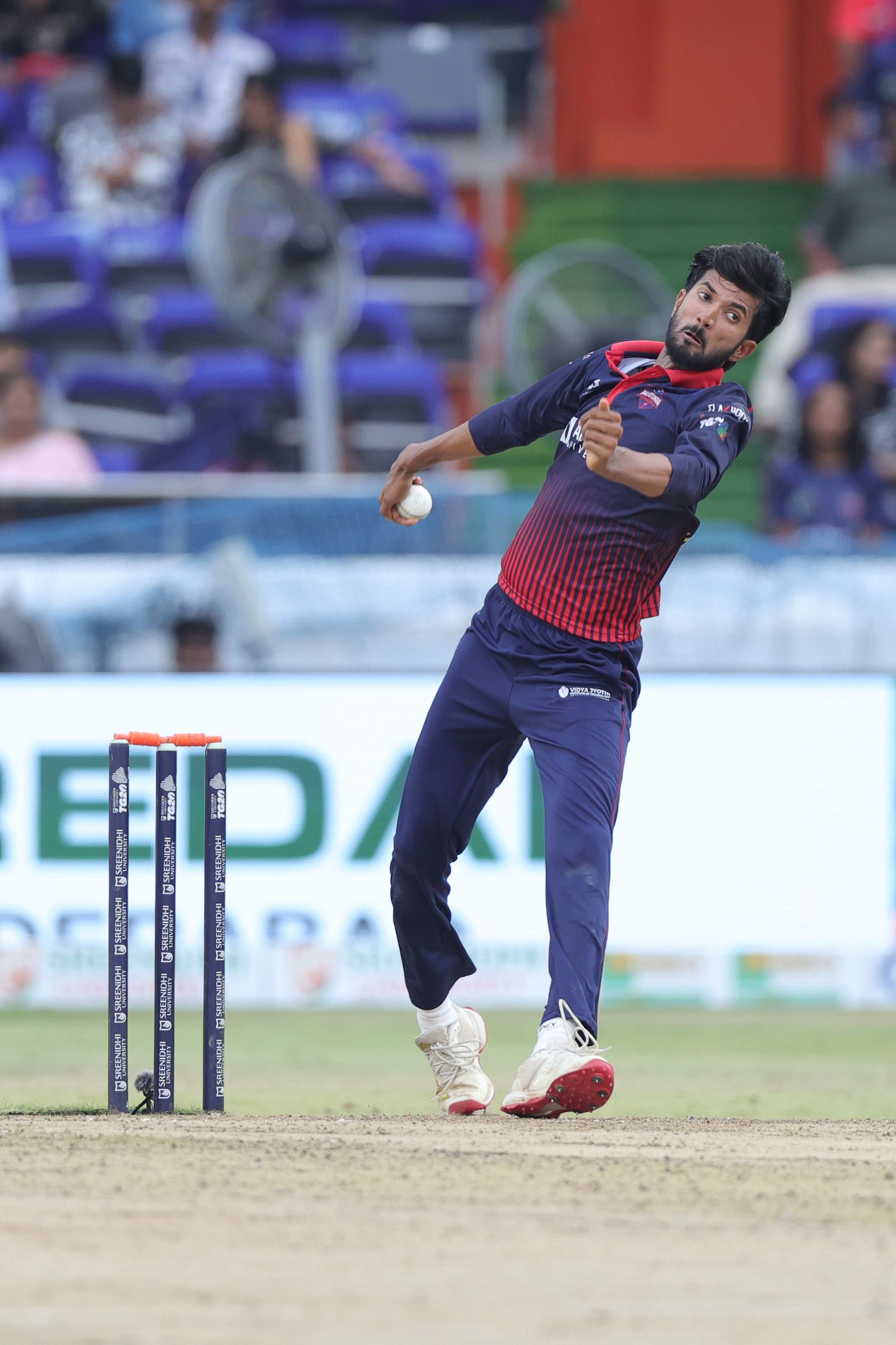 Aelgani Varun Goud of Anurag Nalgonda Knights bowls during the Match 10 of the Sreenidhi University TG20 between Anurag Nalgonda Knights and Warangal Warriors at Rajiv Gandhi International Stadium