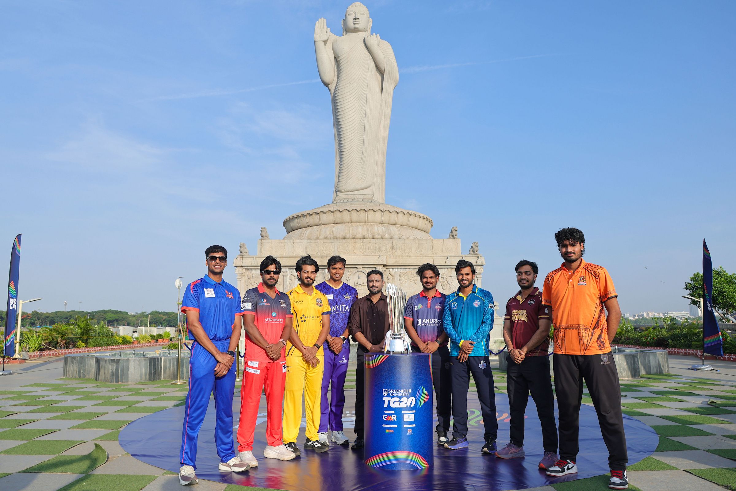All team captains pose with the Sreenidhi University TG20 trophy during the Captains Photo Shoot in Hyderabad, India, on June 17, 2026.