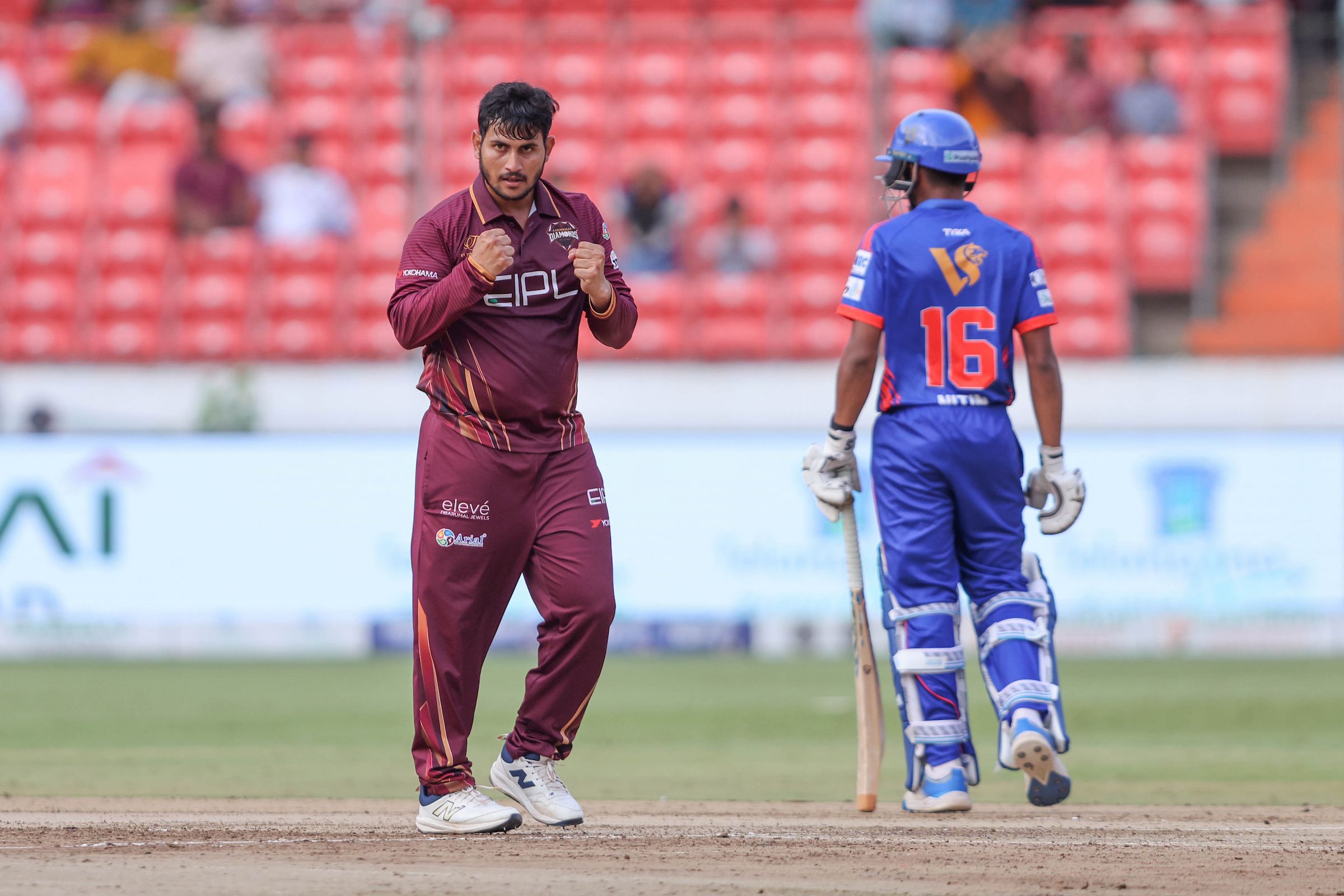 Tvs Narayana Teja of EIPL and Eleve Karimnagar Diamonds celebrates the wicket of Nanavath Rakesh of Ranga Reddy Risers during the Match 20 of the Sreenidhi University TG20