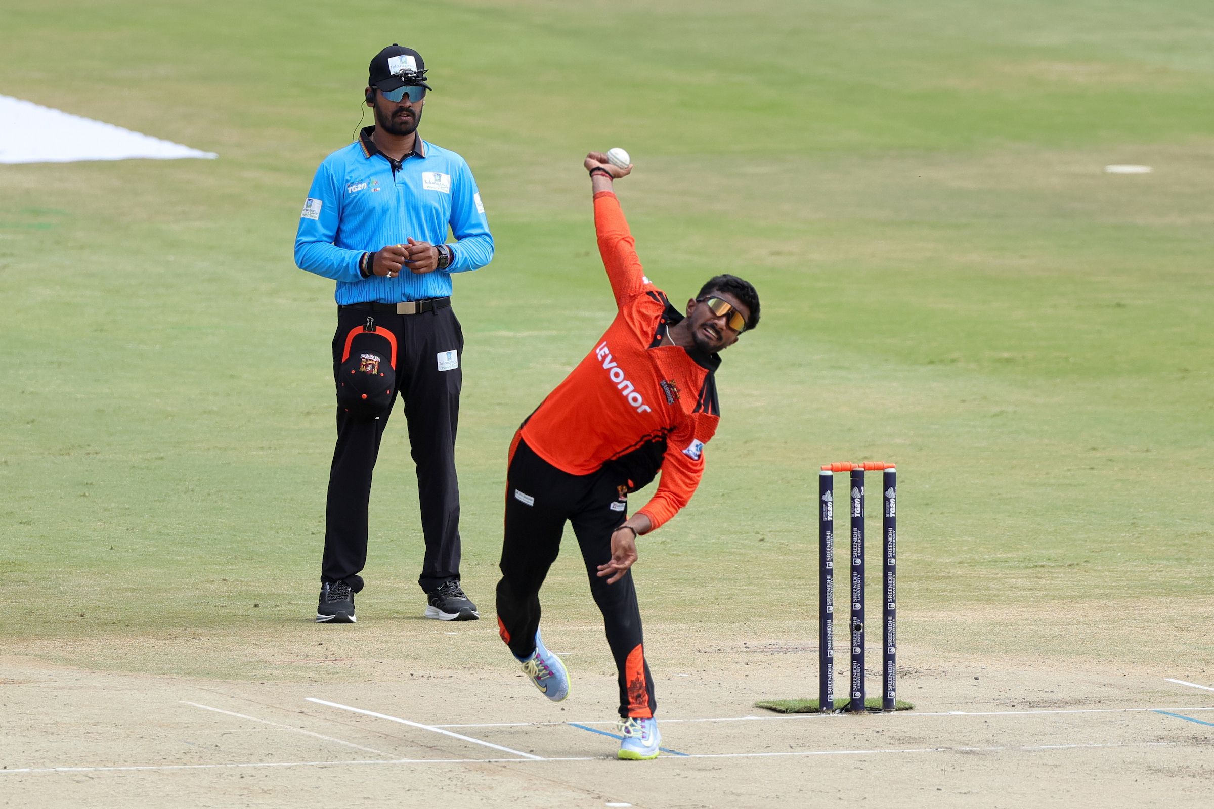 Murugan Abhishek of Warangal Warriors bowls during Match 6 of the Sreenidhi University TG20 between Anvita Khammam Aces and Warangal Warriors at Rajiv Gandhi International Stadium