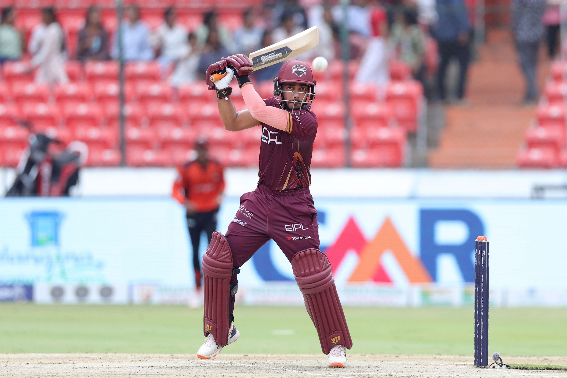 Tanmay Agarwal, Captain of EIPL and Eleve Karimnagar Diamonds plays a shot during the Match between Warangal Warriors and EIPL and Eleve Karimnagar Diamonds at Rajiv Gandhi International Stadium