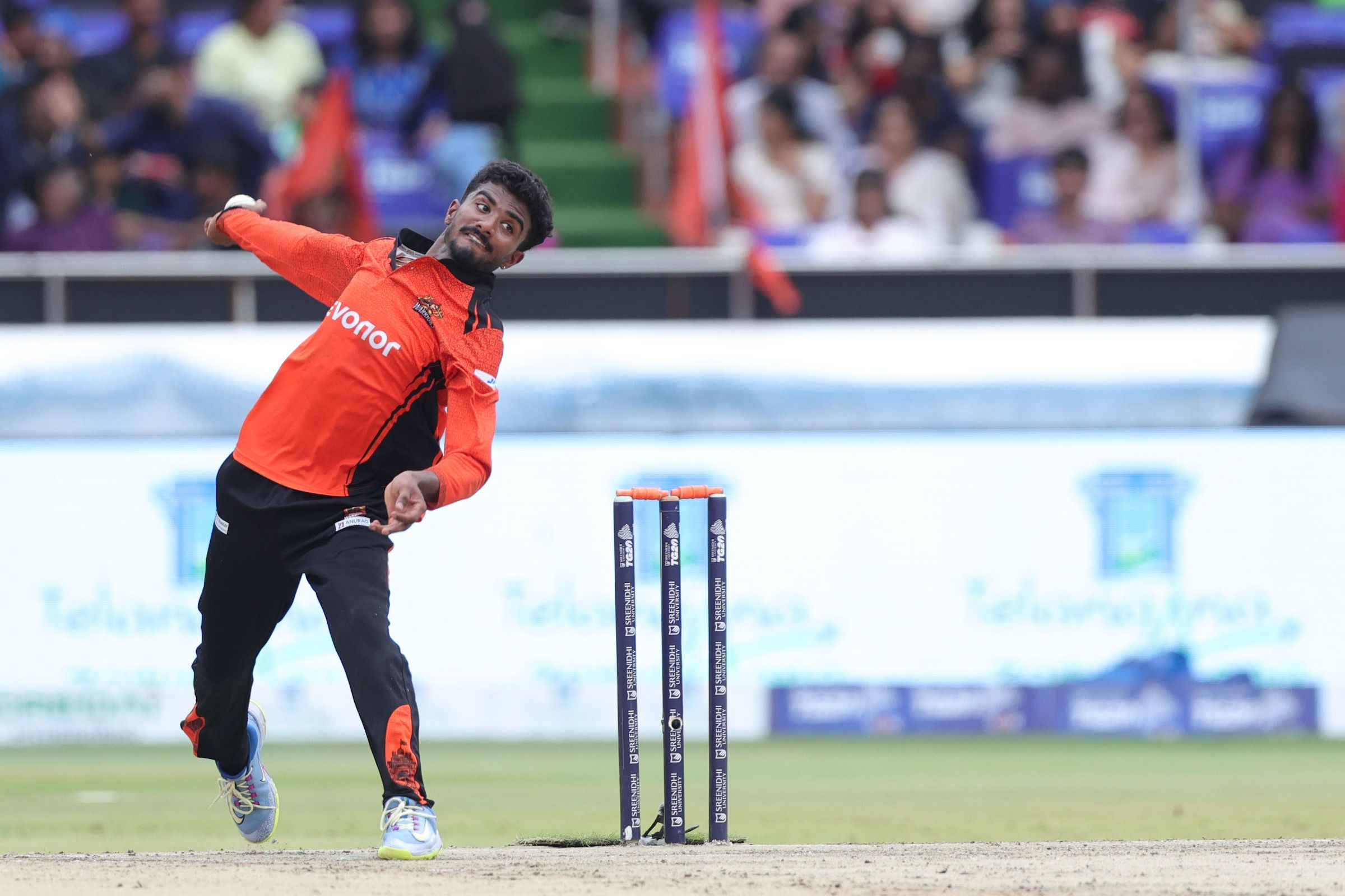 Murugan Abhishek of Warangal Warriors bowls during the Match 14 of the Sreenidhi University TG20 between Warangal Warriors and EIPL and Eleve Karimnagar Diamonds