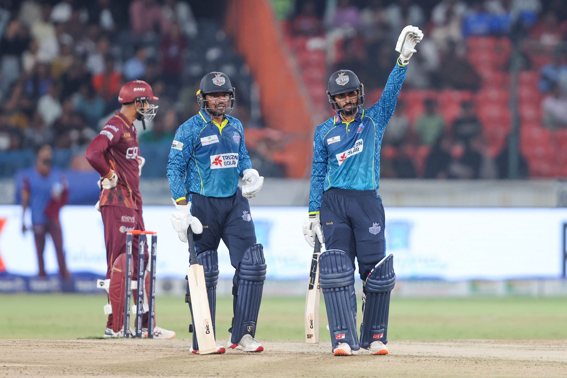 Abhirath Reddy Mandadi, Captain Hyderabad E-Champions after scoring a fifty during the Qualifier 2 of the Sreenidhi University TG20 between Hyderabad E-Champions and EIPL and Eleve Karimnagar Diamonds