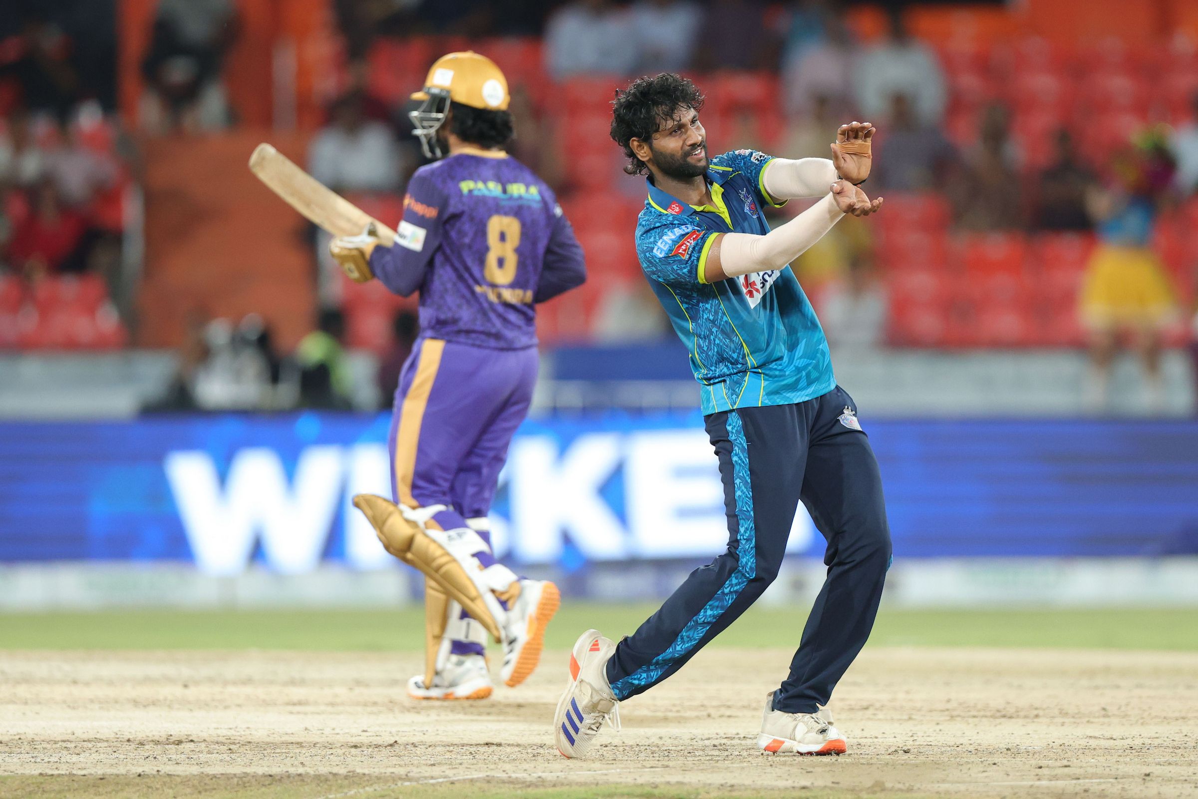 Ajay Dev Goud of Hyderabad E-Champions celebrates the wicket of Sahendra Mallu of Anvita Khammam Aces