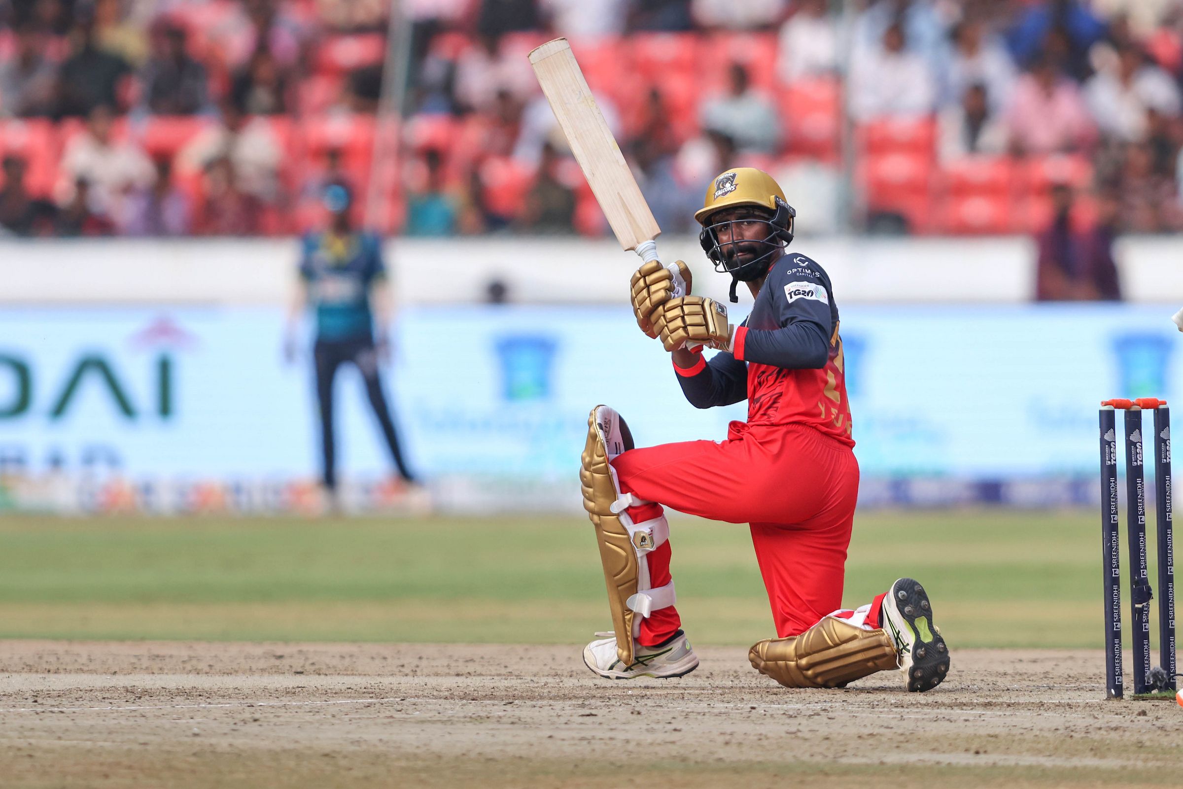 Sai Varun Yerram of Medak Falcons plays a shot during the Match 12
