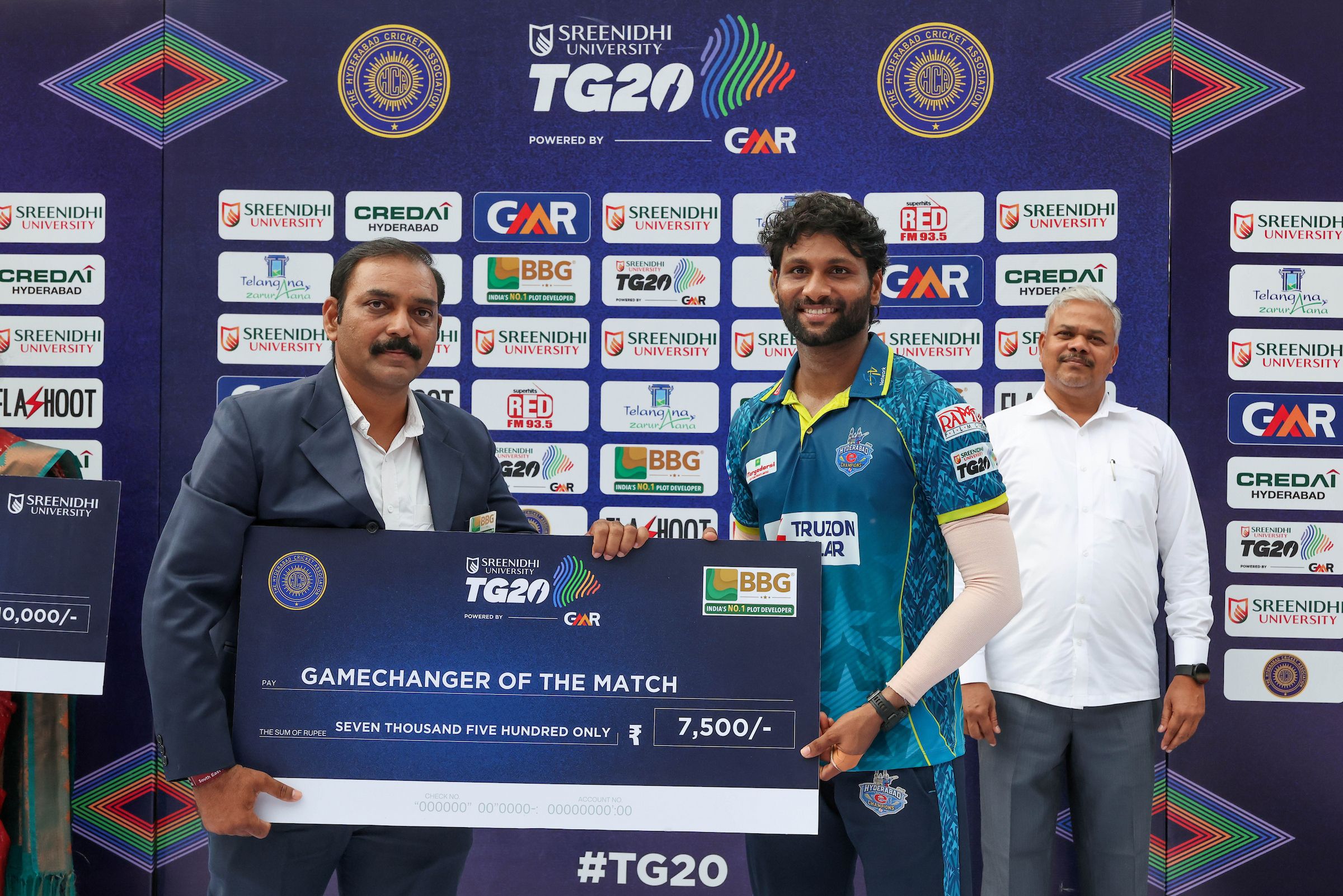 Ajay Dev Goud of Hyderabad E-Champions receives the Gamechanger of the Match Award during the presentation of the Match 12