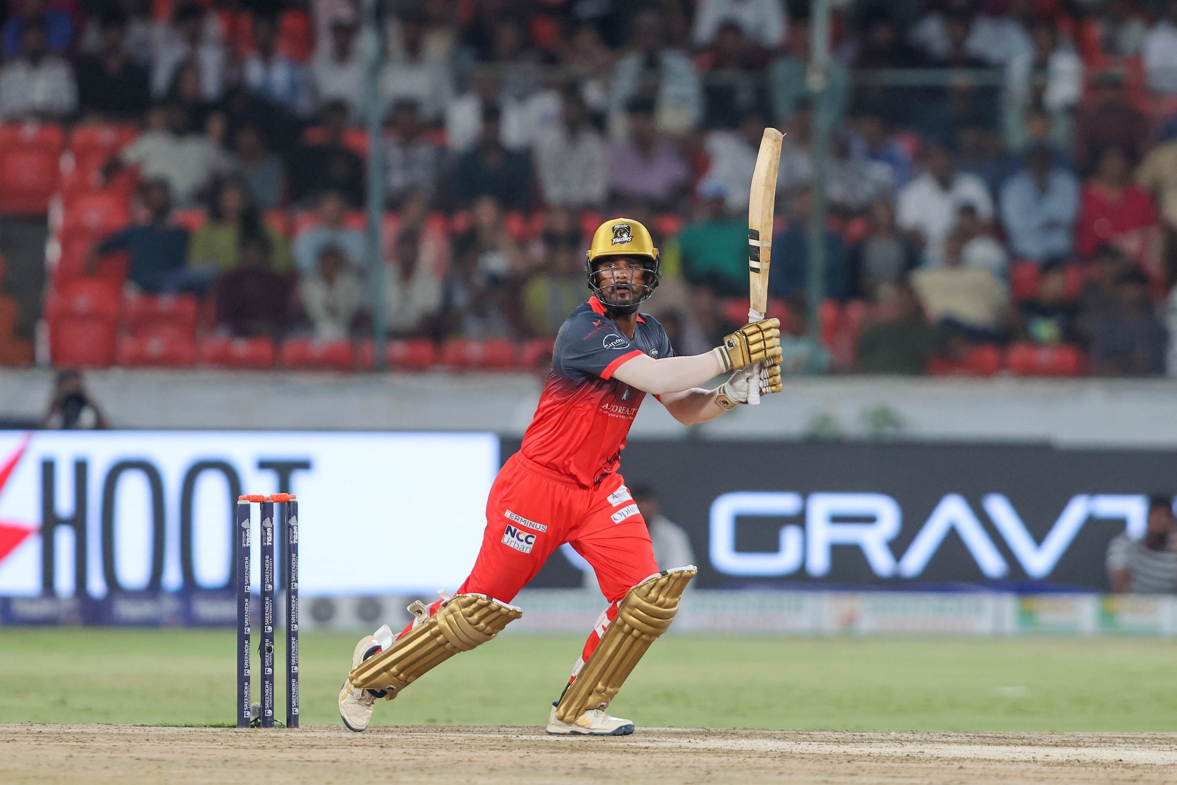 Vikram Naik of Medak Falcons plays a shot during the Match 9 of the Sreenidhi University TG20 between Medak Falcons and Palamuru Strikers at Rajiv Gandhi International Stadium