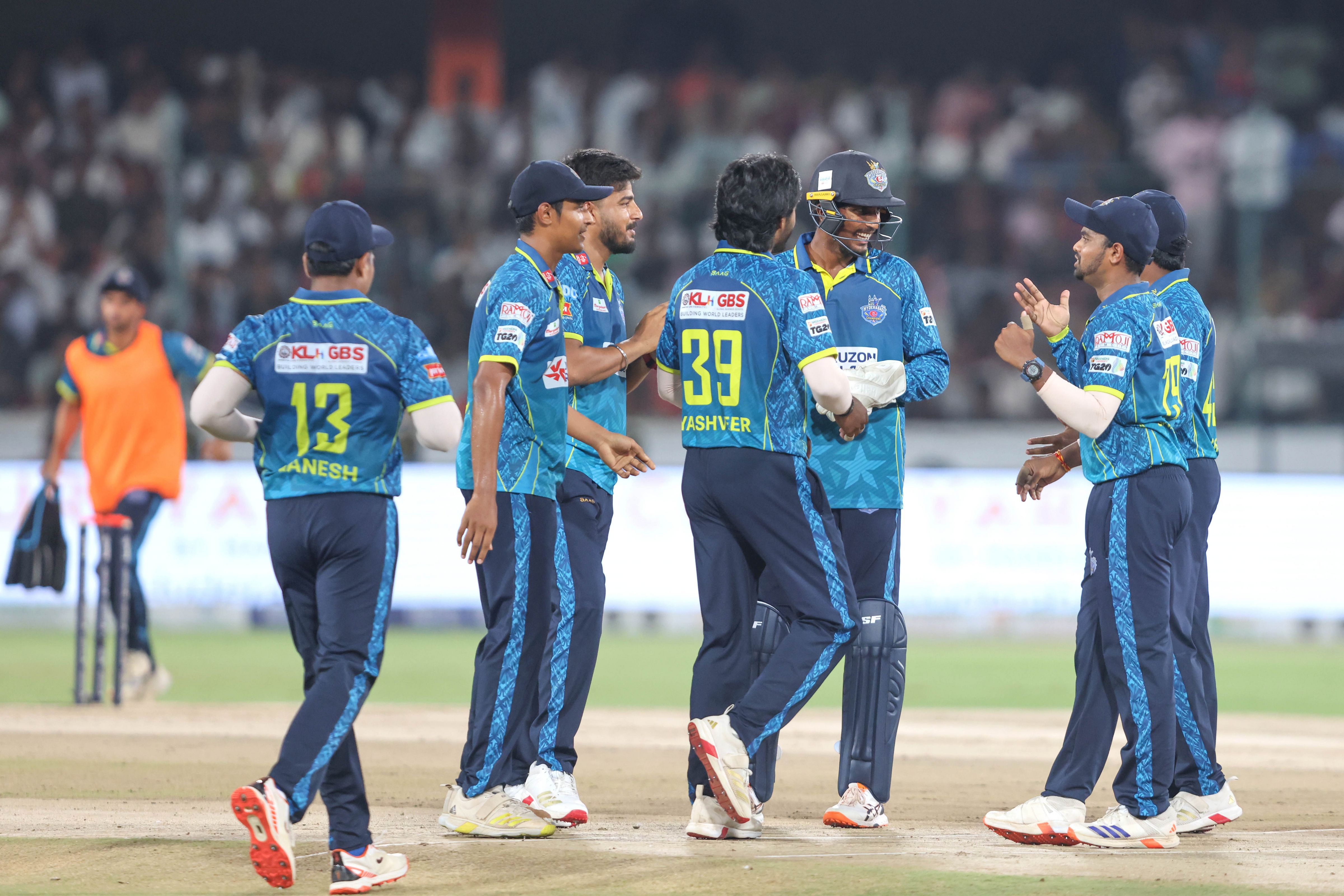 Hyderabad E-Champions players celebrates the wicket of Himateja Kodimela of Anvita Khammam Aces during the Final of the Sreenidhi University TG20 between Anvita Khammam Aces and Hyderabad E-Champions