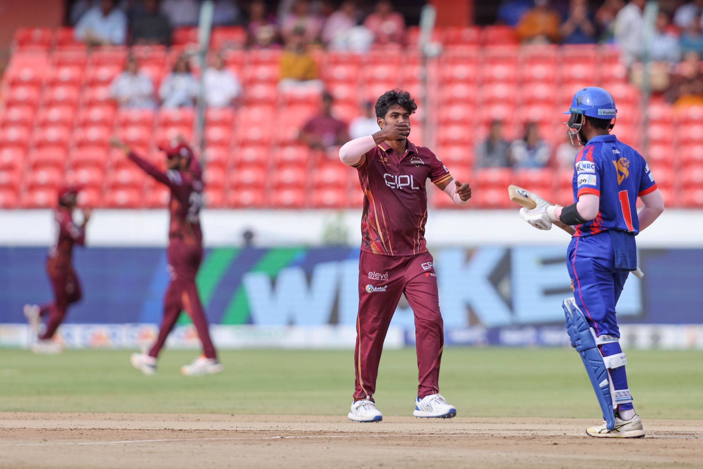 Rathlavath Dinesh of EIPL & Eleve Karimnagar Diamonds celebrates the wicket of Gnana Prakash Reddy of Ranga Reddy Risers during the Match 20 of the Sreenidhi University TG20