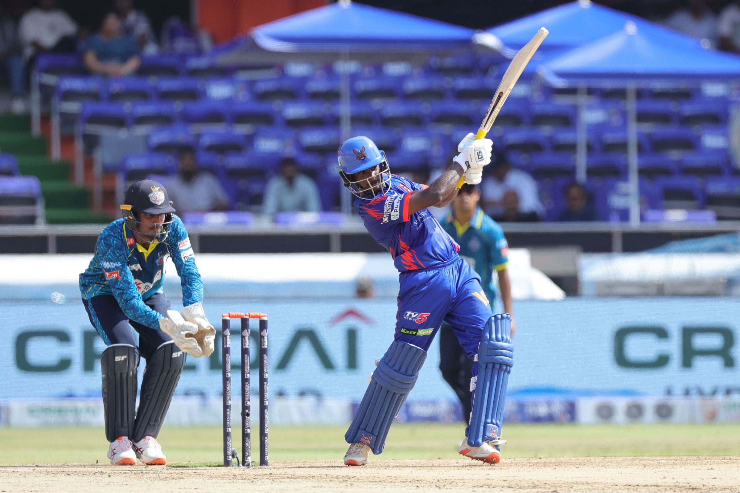 Aditya Javvaji of Ranga Reddy Risers plays a shot during the Match 8 of the Sreenidhi University TG20 between Hyderabad E-Champions and Ranga Reddy Risers at Rajiv Gandhi International Cricekt Stadium