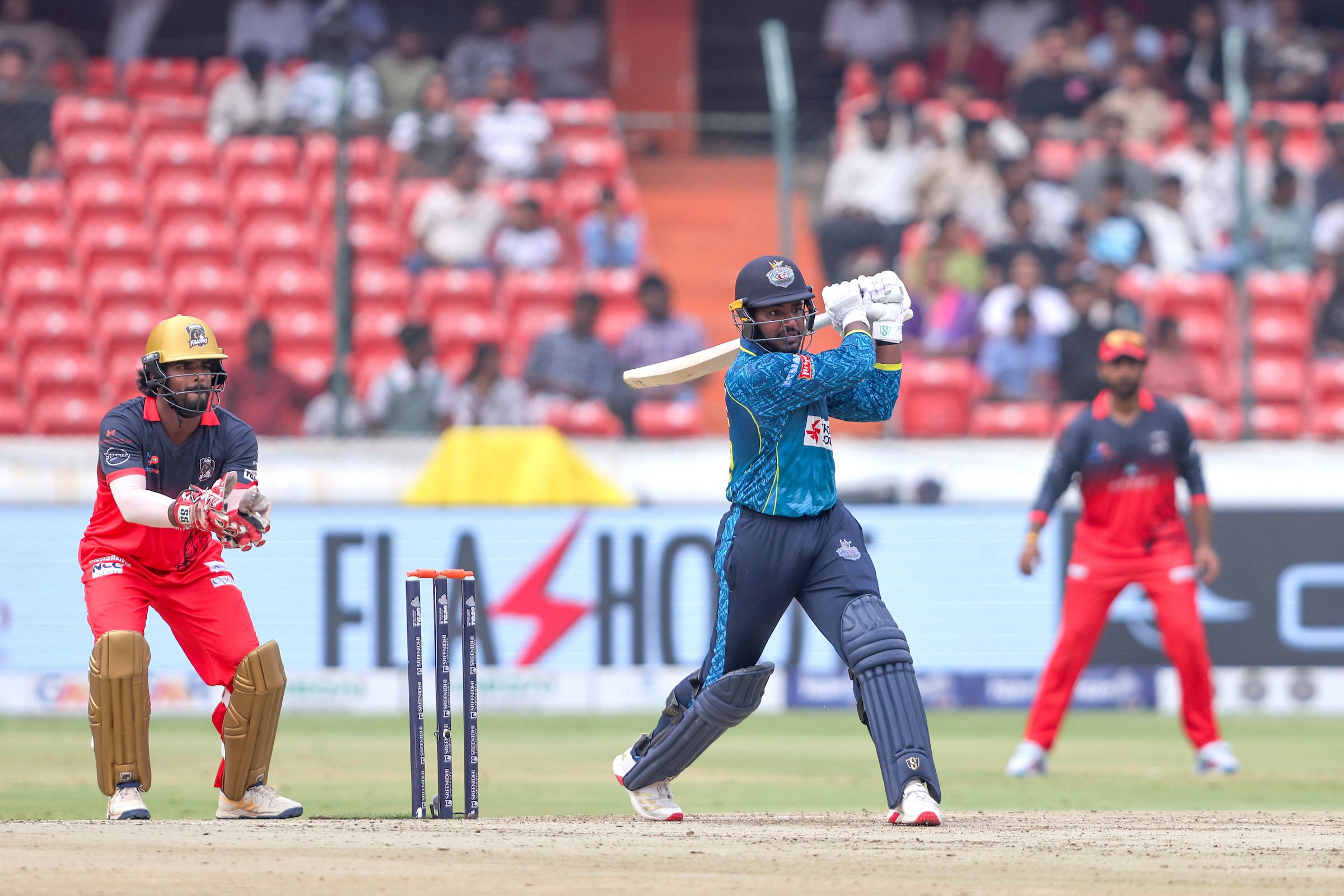 Sai Vikas Reddy of Hyderabad E-Champions plays a shot during the Match 12 of the Sreenidhi University TG20 between Medak Falcons and Hyderabad E-Champions at Rajiv Gandhi International Stadium