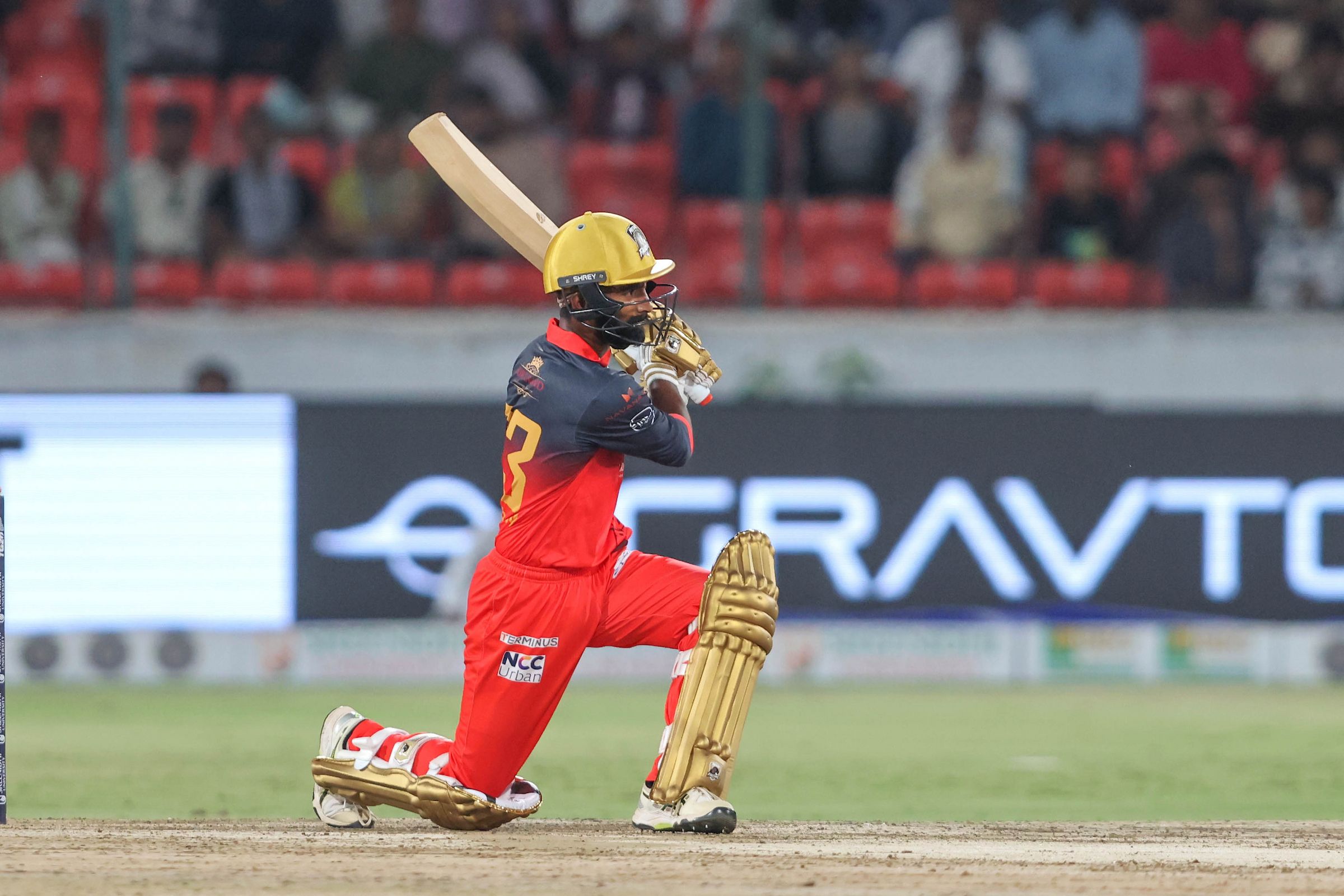Sai Varun Yerram =plays a shot during the Match 9 of the Sreenidhi University TG20 between Medak Falcons and Palamuru Strikers at Rajiv Gandhi International Stadium