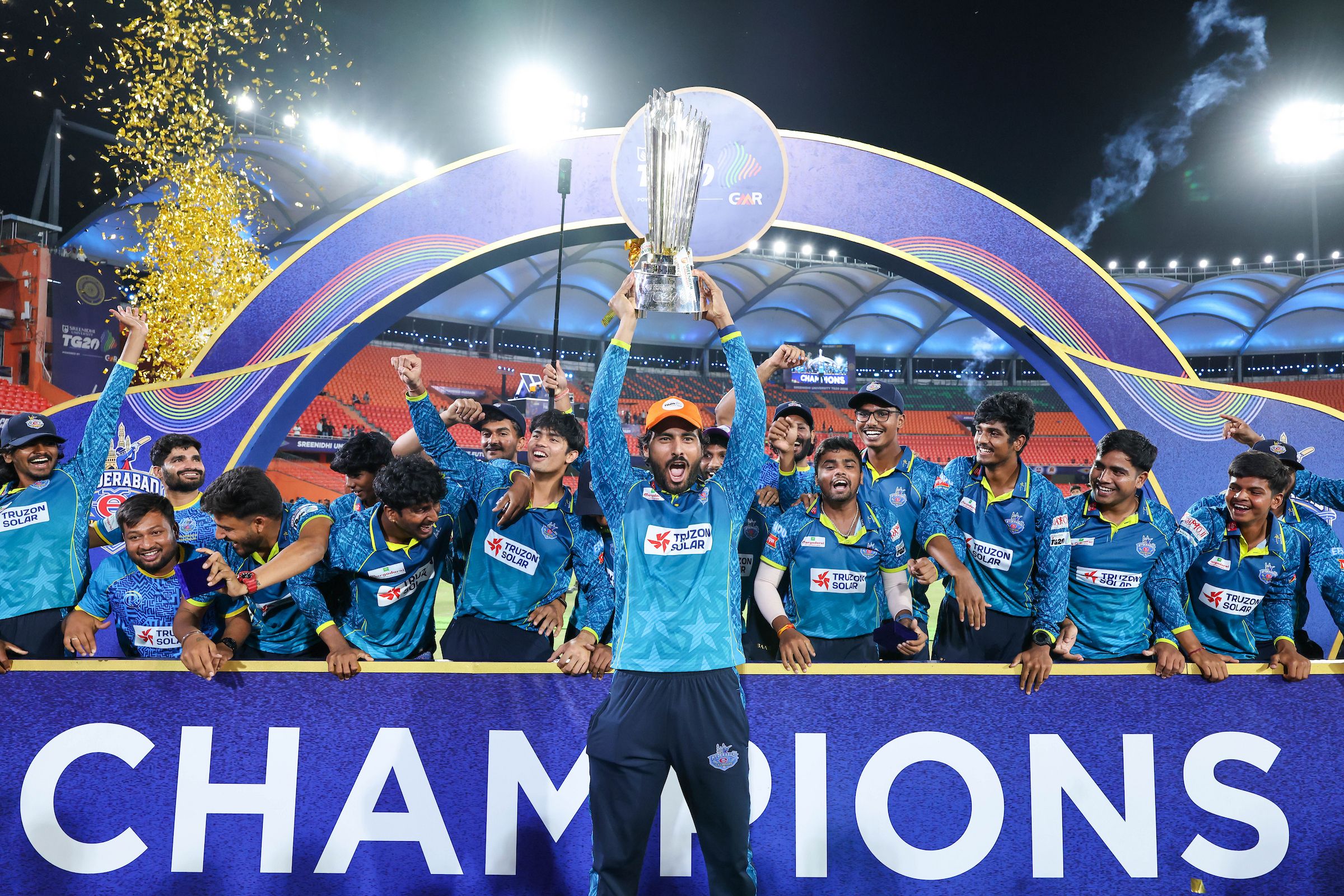 Hyderabad E-Champions players celebrates with the trophy during the presentation ceremony of the Final of the Sreenidhi University TG20 between Anvita Khammam Aces and Hyderabad E-Champions