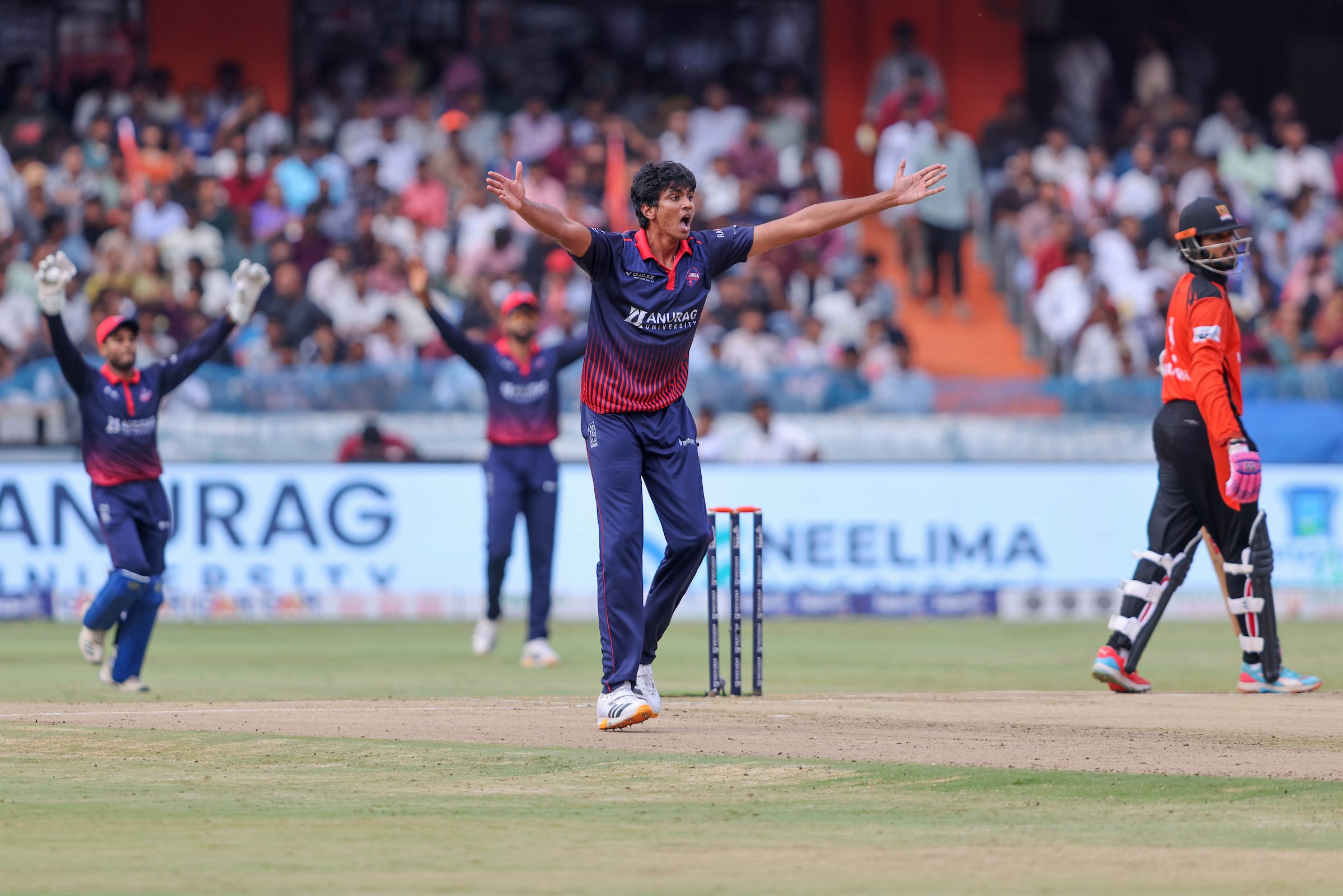 Nishanth Saranu appeals for the wicket of Aman Rao Perala, Captain of Warangal Warriors during the Match 10 of the Sreenidhi University TG20 between Anurag Nalgonda Knights and Warangal Warriors