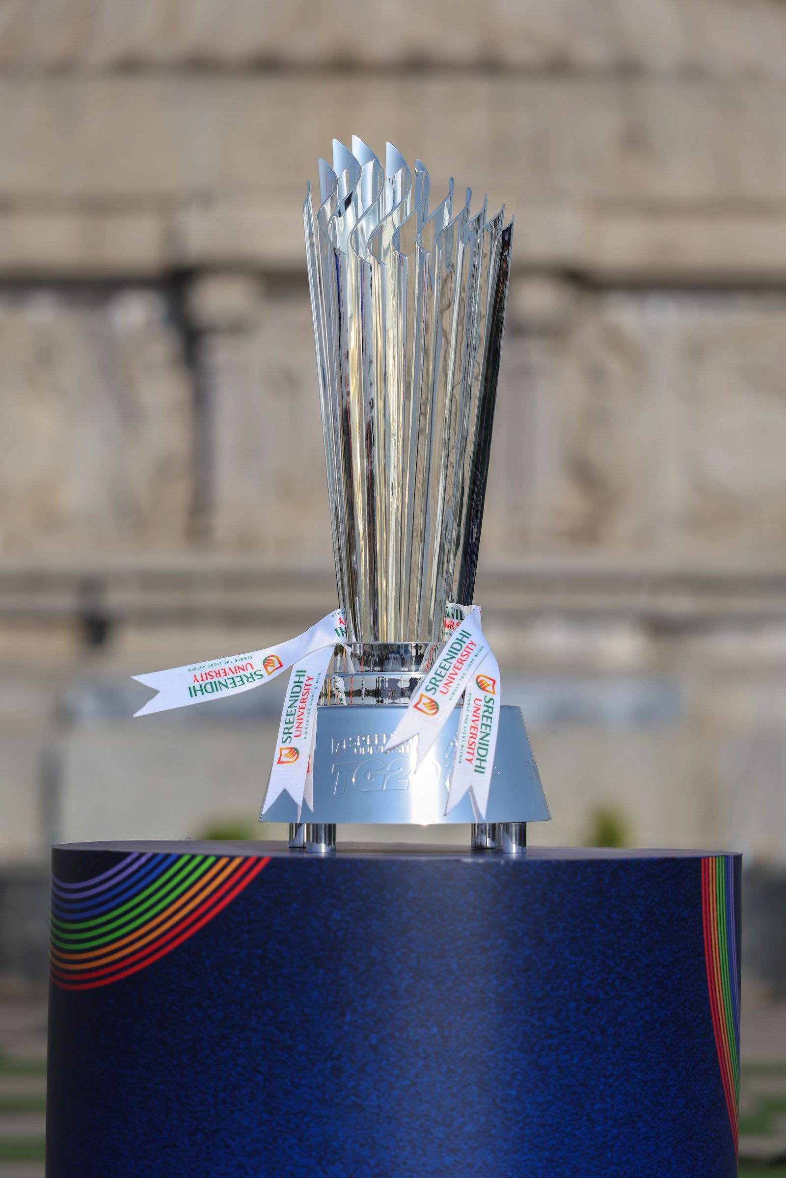 Trophy kept at display during the Captains Photo Shoot in Hyderabad, India, on June 17, 2026.