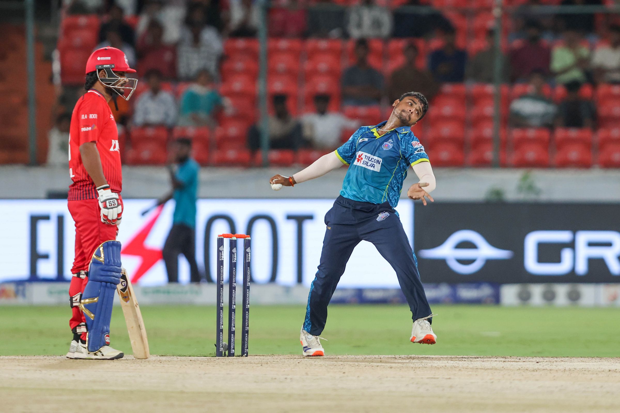 Shanmukha Ashwin of Hyderabad E-Champions bowls during the Match 26 of the Sreenidhi University TG20 between Anurag Nalgonda Knights and Hyderabad E-Champions